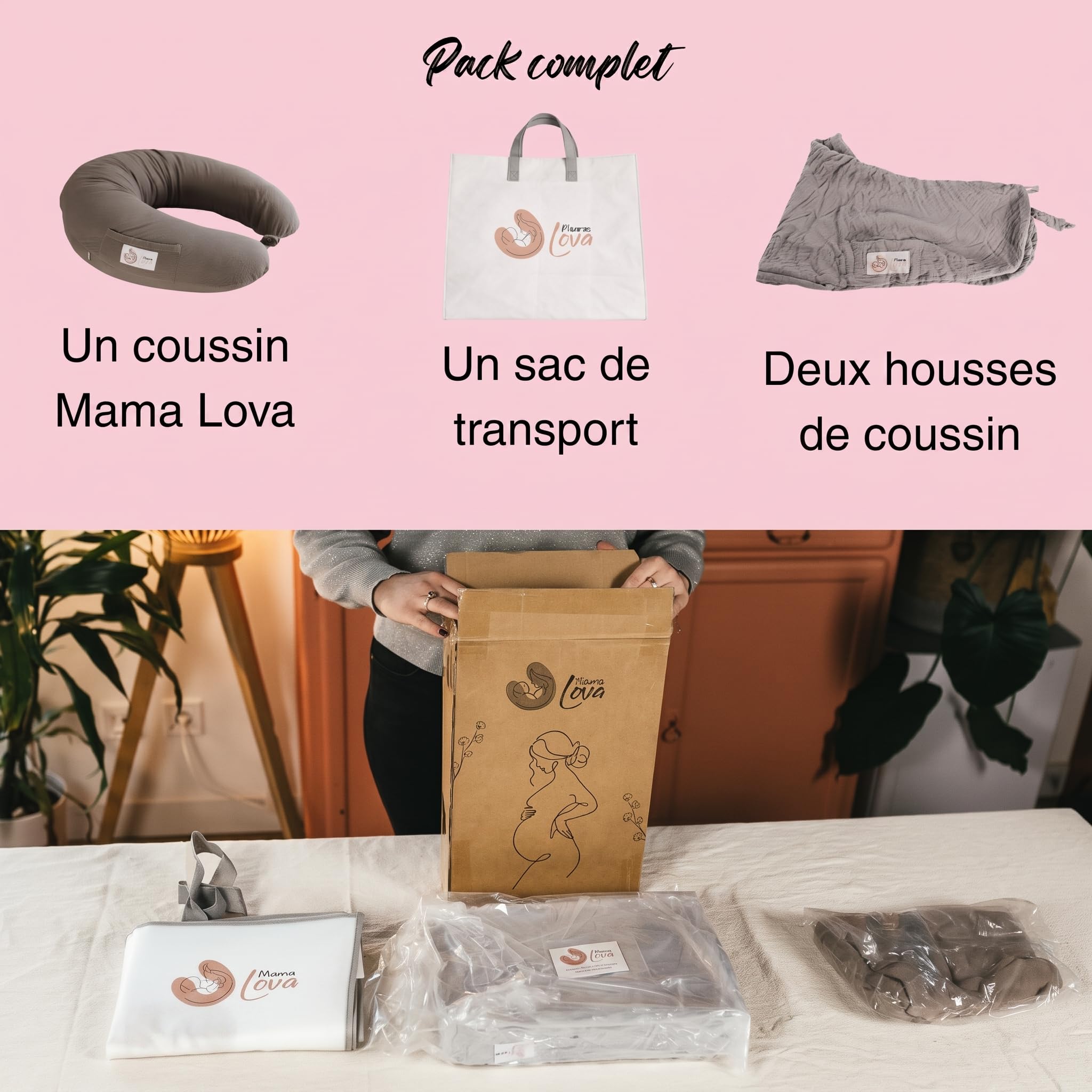 Mama Lova | Coussin de Grossesse et Coussin Allaitement Mémoire de Forme – Oreiller Ergonomique Gaze de Coton avec Housse de Rechange, Pochette & Sac. Cadeau Femme Enceinte, Coussin d’Allaitement