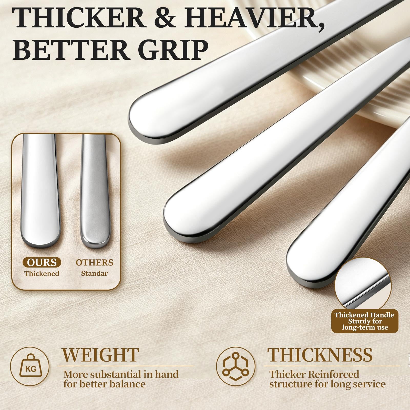 24Pcs Spoons and Forks Set Silverware - Food Grade Stainless Steel Flatware Set for Kitchen, Mirror Polished, Dishwasher Safe - 12 Dinner Forks(7.5 inch) & 12 Dessert Spoons(8.1 inch) — Amazon image 4