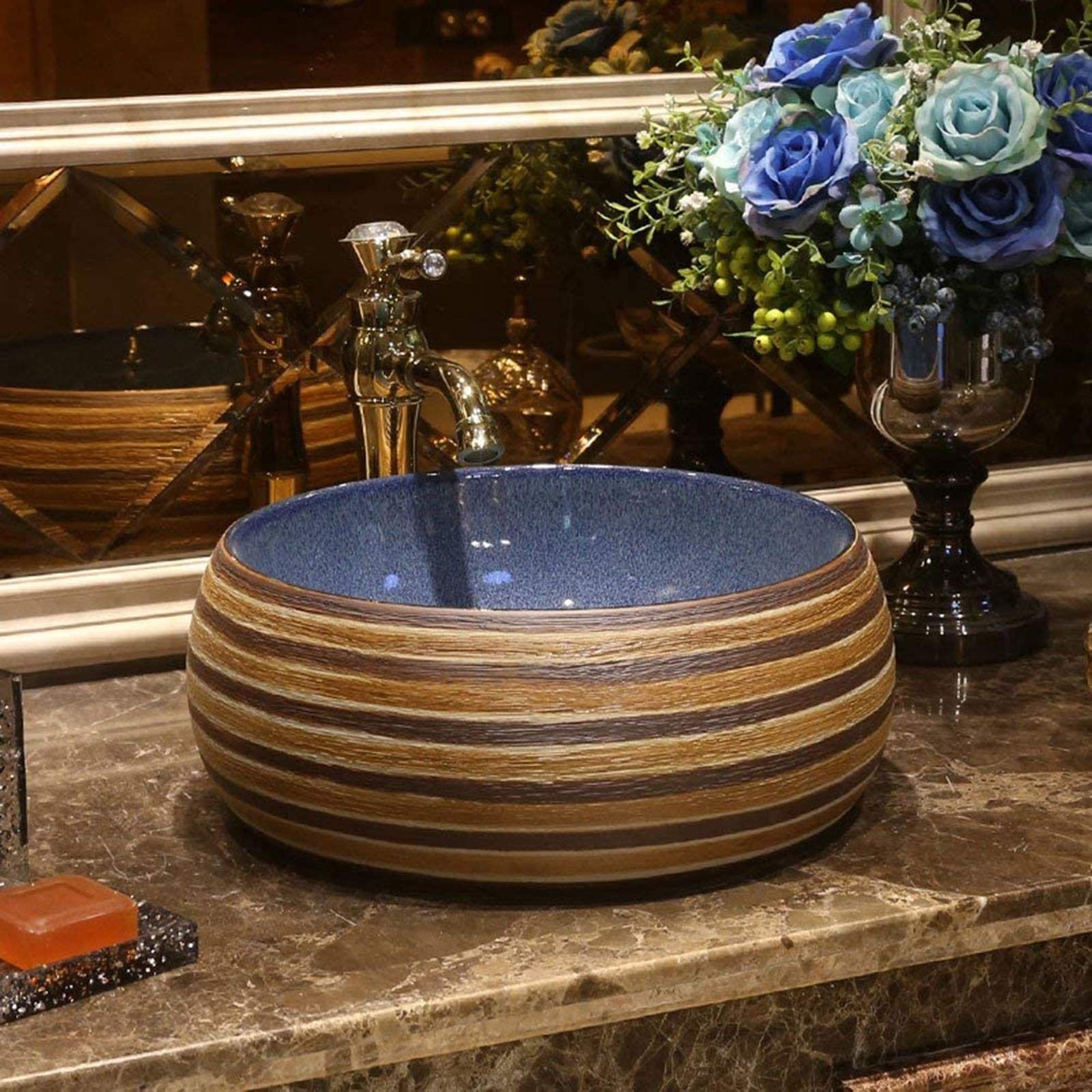 Ceramiczna umywalka umywalka kamień naturalny owalny wpuszczany grawerunek wzór sztuka nad blatem umywalka okrągła ceramiczna umywalka retro umywalka domowa umywalka