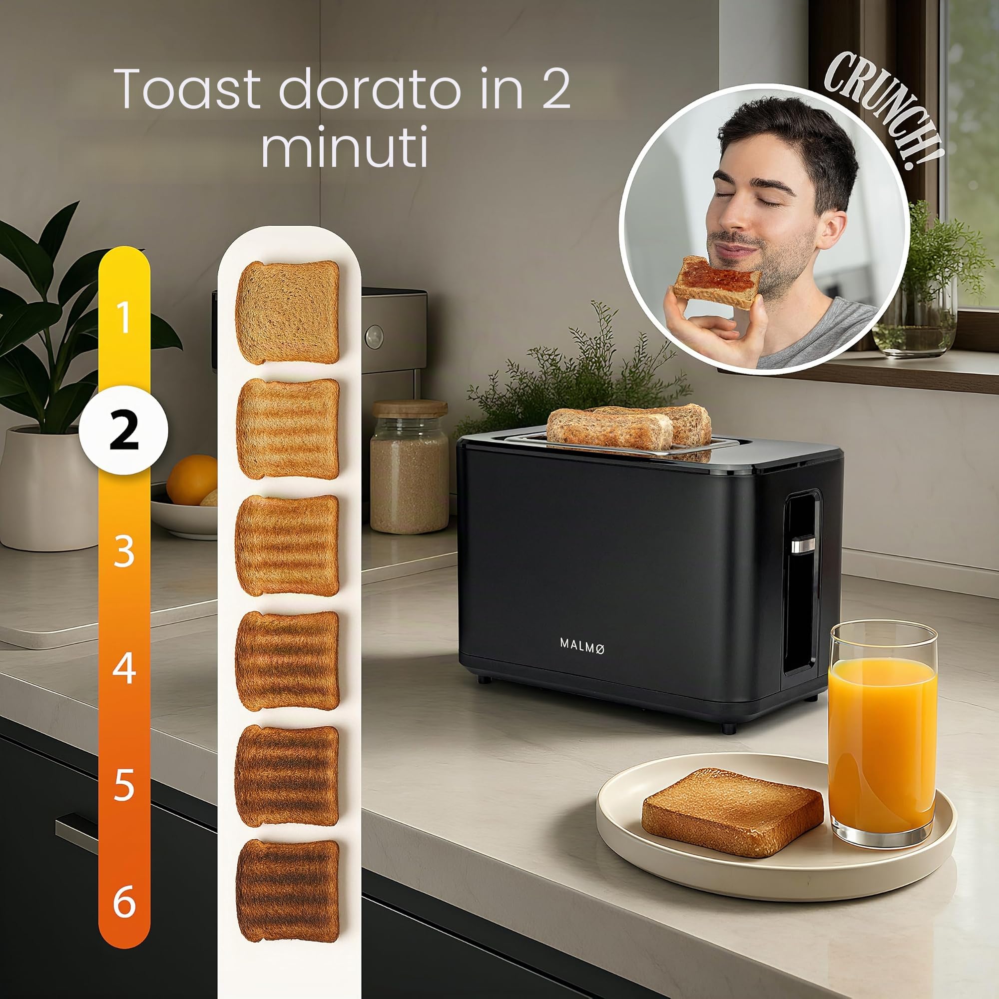 MALMØ Tostapane – 900 Watt con timer digitale – tostapane 2 fette – con inserto per panino – nero opaco