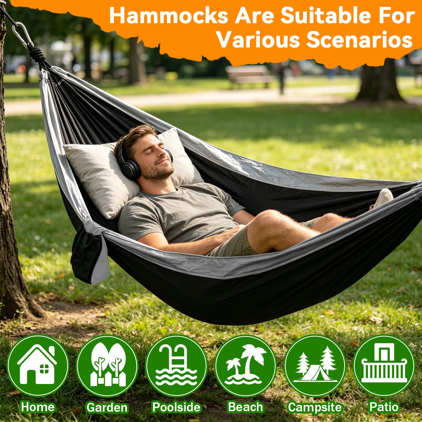 Hamaca de Camping Ultraligera 300 kg – 270 x 140 cm, Nailon Paracaídas Transpirable, con Correas para Árboles, Mosquetones y Bolsa,Hamaca Secado Rápido para Jardín, Playa y Senderismo — view 6