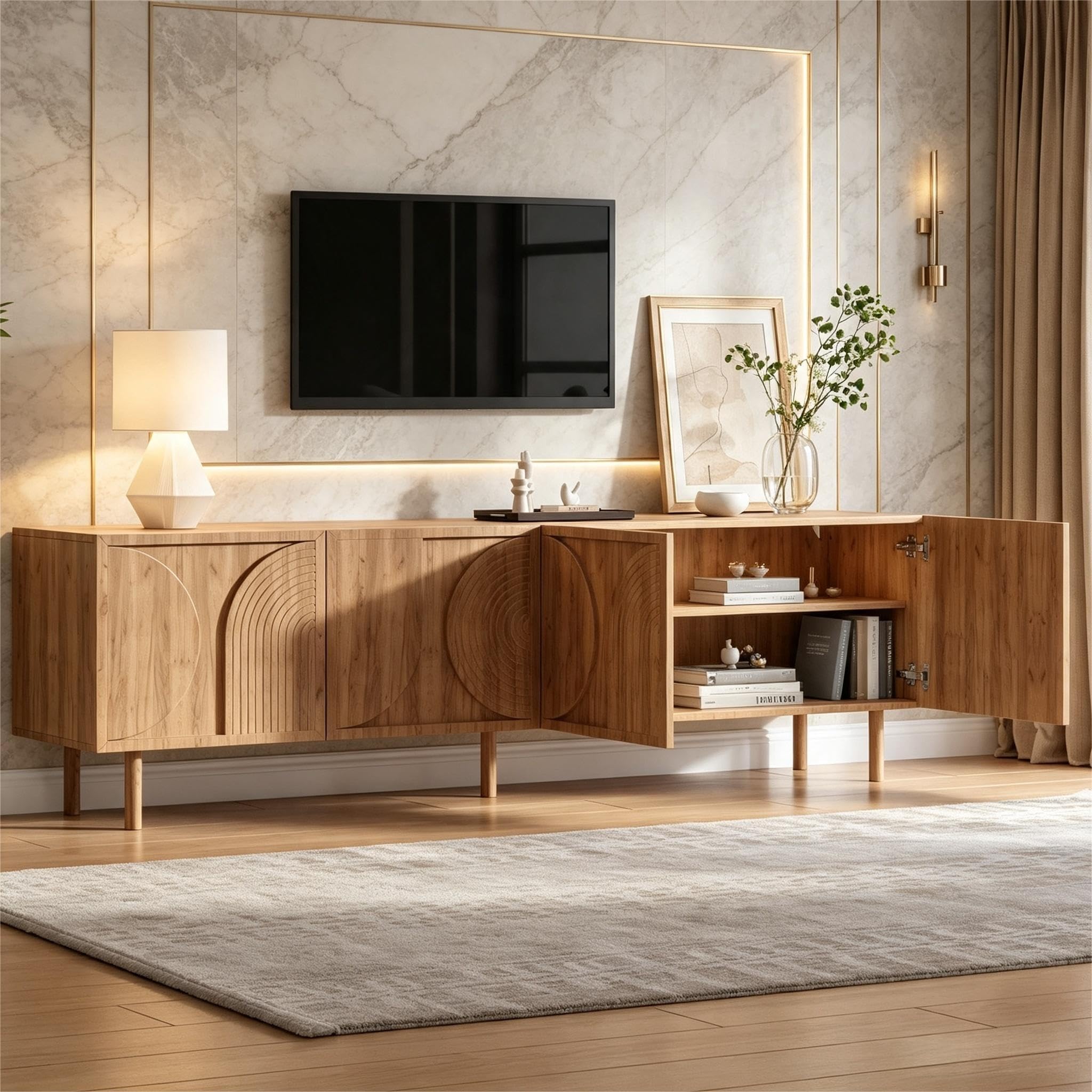 Mobile TV da 180 cm, mobile TV per TV da 75 pollici, mobile basso con 4 ante, 2 scomparti, moderno mobile TV con ampio spazio per soggiorno, design 3D in rilievo, colore legno, naturale