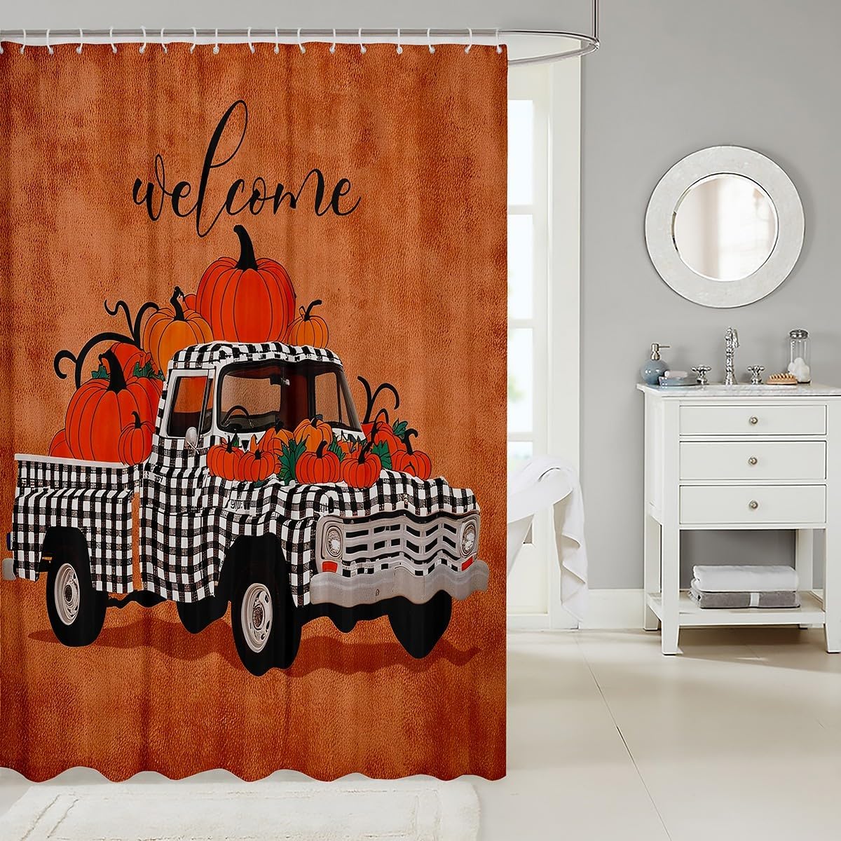 Erosebridal Cartoon Car Bathtub Shower Curtain Kids Pumpkin Bath Curtain 72" W X 84" L, Gold Autumn Theme Shower Curtain Geometric Plaid Buffalo Cloth Fabric Bathroom Decor Set with Hooks, Brown