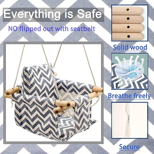 Miniatura 2 de KINSPORY Asiento columpio colgante para bebé, silla hamaca de lona segura con cojín de respaldo suave, accesorios de instalación incluidos
