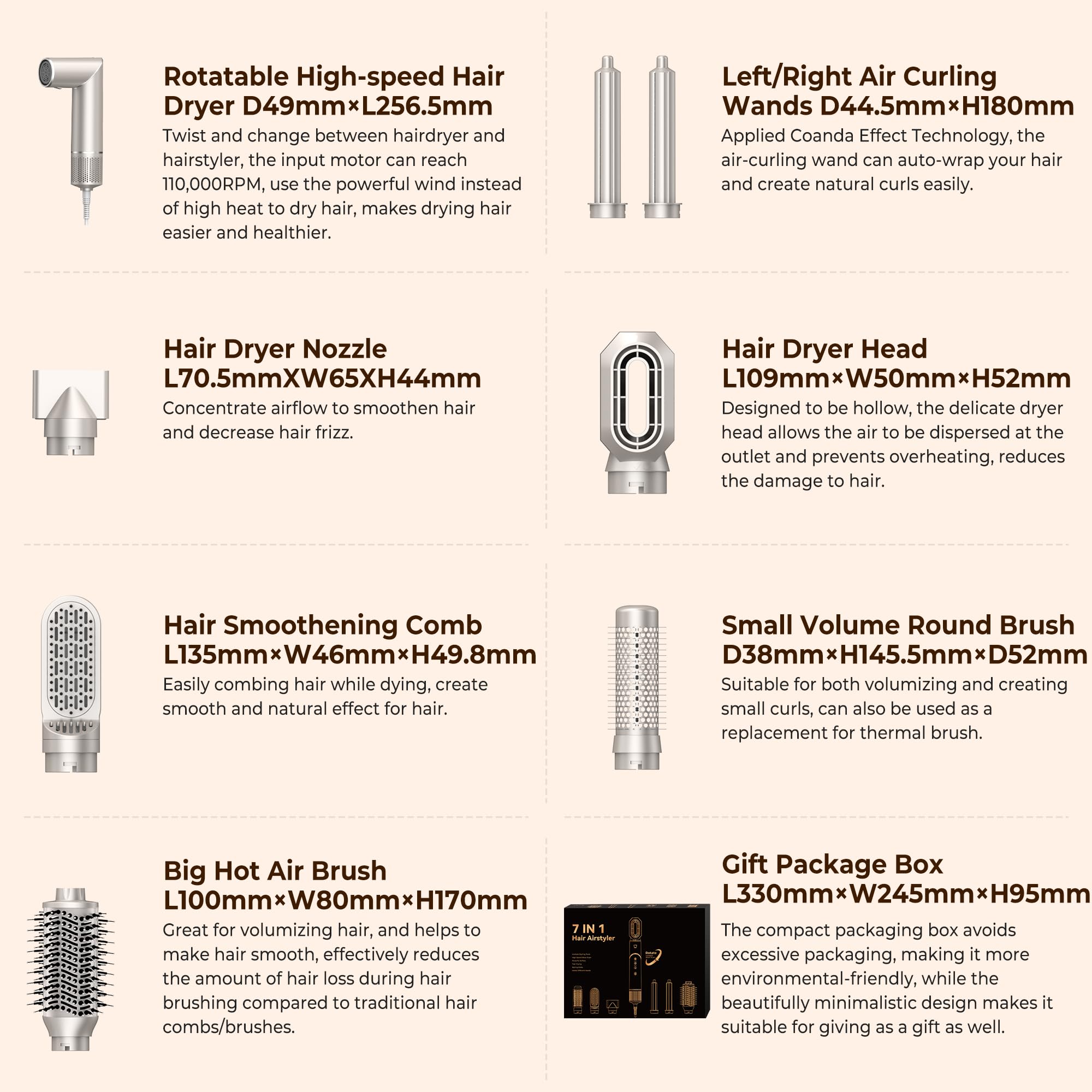 UKLISS 7 in 1 Hairstyler Pro Airstyler Ionen Föhn High-speed Haartrockner Heißluft Lockenwickler Thermal Brush Haarglätterbürste Warmluftbürste Föhnbürste Stylingbürsten Hair Styler, Champagnergold