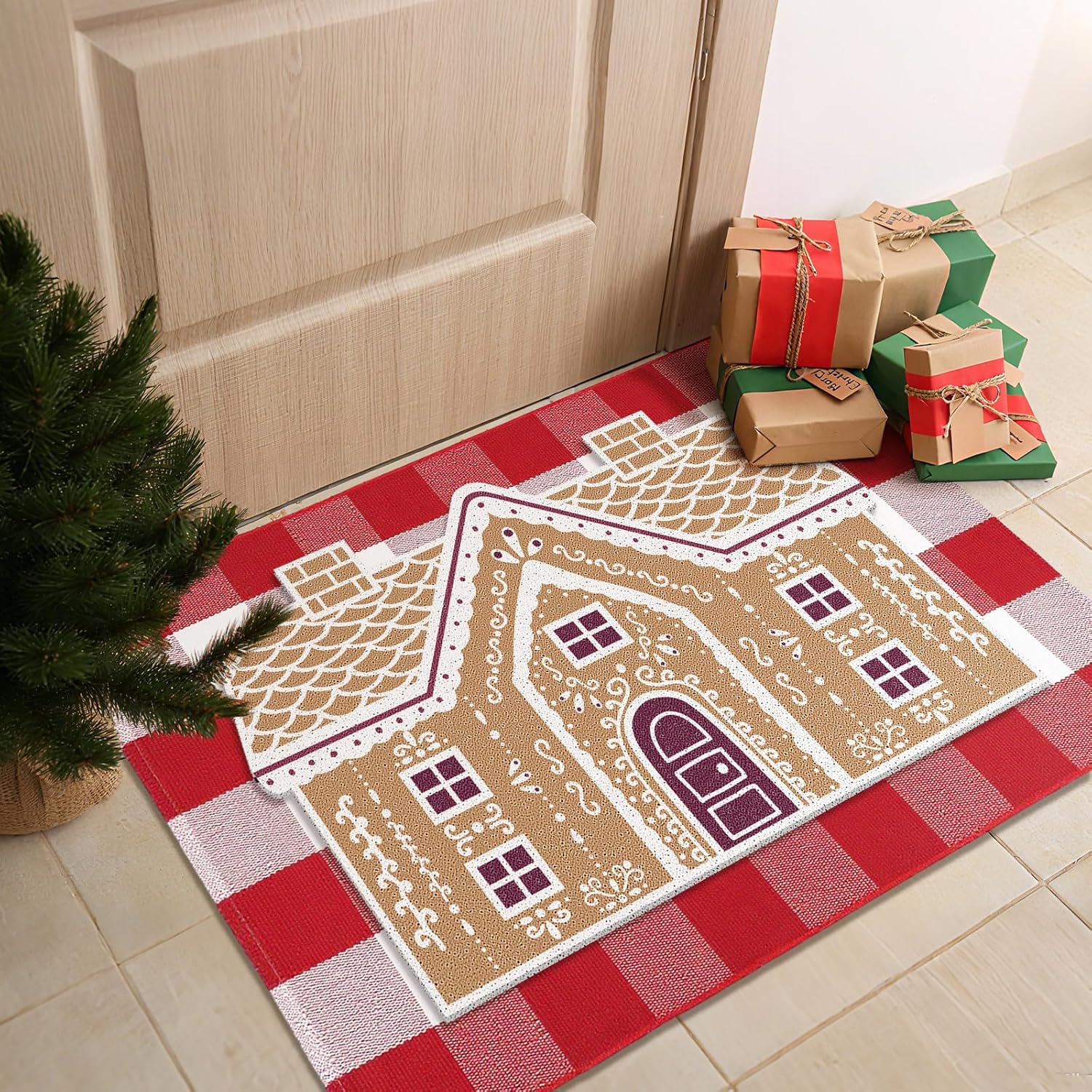 FuWeave 2 Pcs Christmas Doormats with Outdoor Rug Gingerbread Door Mat Combo Set 100% Coir Welcome Mat and 27.5"x 43" Buffalo Plaid Layering Rug for Xmas Holiday Christmas Outdoor Front Porch Decor