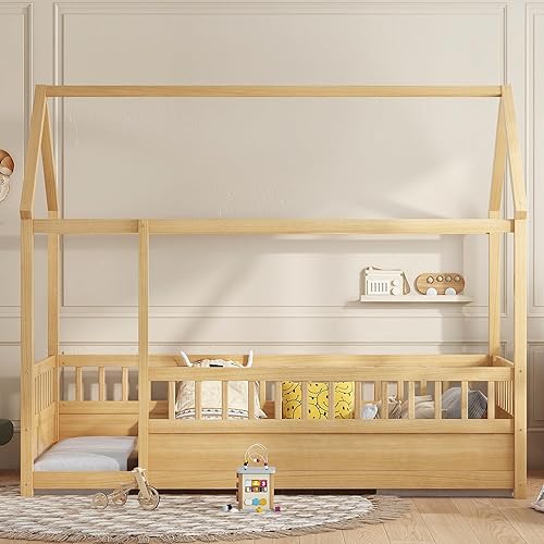 Miniatura 112 de Bellemave Cama Montessori de madera con valla y techo para niños, marco de cama individual para niños, niñas (individual, blanco)