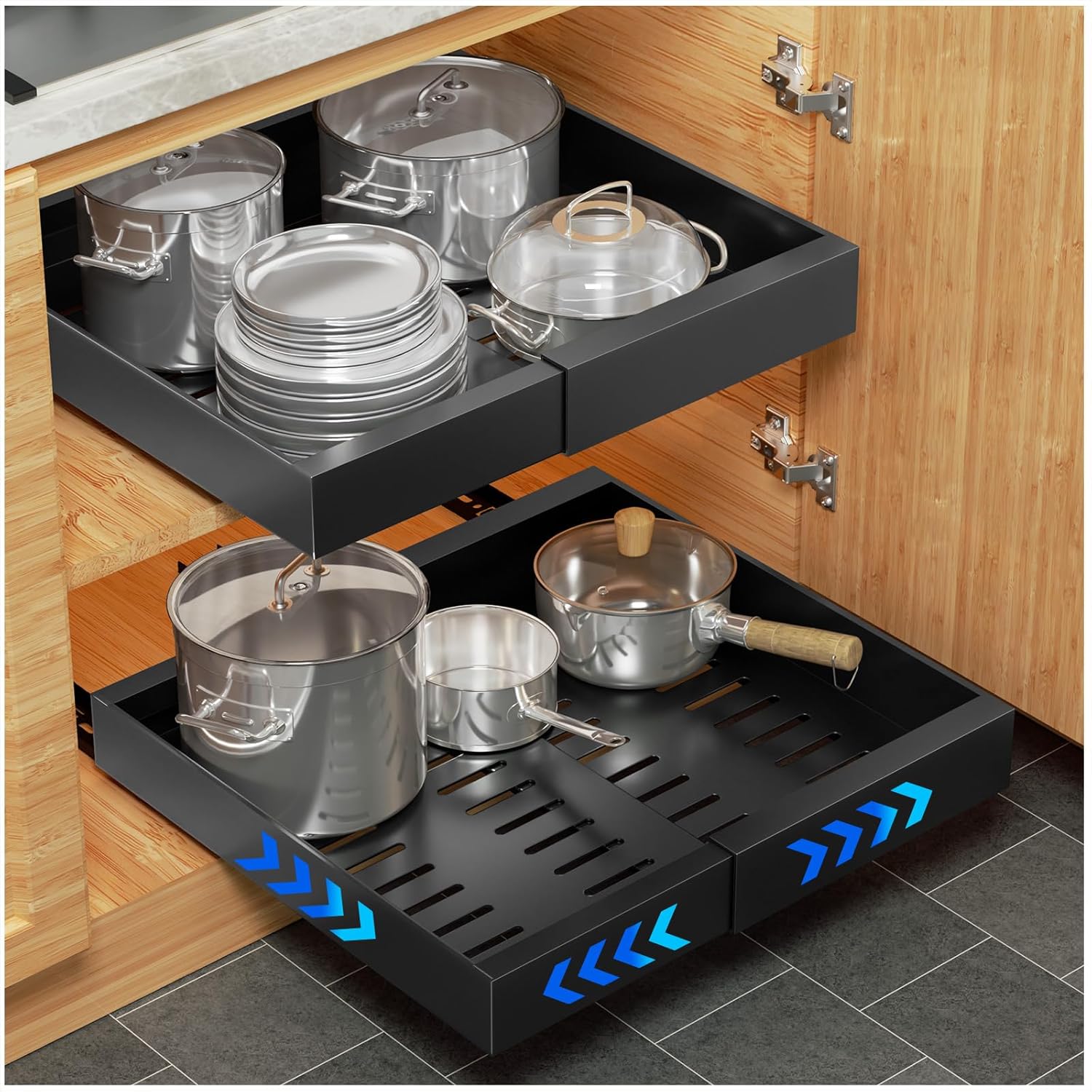 Pull Out Cabinet Organizer, 1 Pack Expandable(12.6''-20.5'') Pull Out Drawers for Cabinets, Slide Out Cabinet Organizers with Adhesive Nano Film for Kitchen Cabinet Organization (Black)