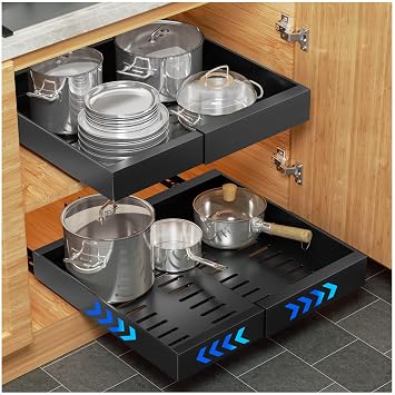 YFXCVSL Pull Out Cabinet Organizer, 1 Pack Expandable12.6-20.5 Pull Out Drawers for Cabinets, Slide Out Cabinet Organizers with Adhesive Nano Film for Kitchen Cabinet Organization Black