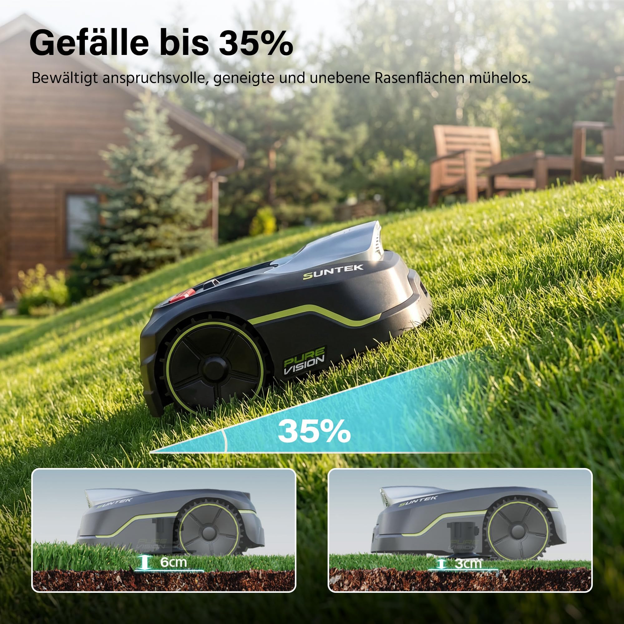 SUNTEK SRM2025 Mähroboter ohne Begrenzungskabel, KI Pure Vision Rasenmäher Roboter für 250 m² mit automatischer Kartierung, 35% Steigung, Wasserdichtigkeit IPX5, Automatische Kartierung, APP-Steuerung
