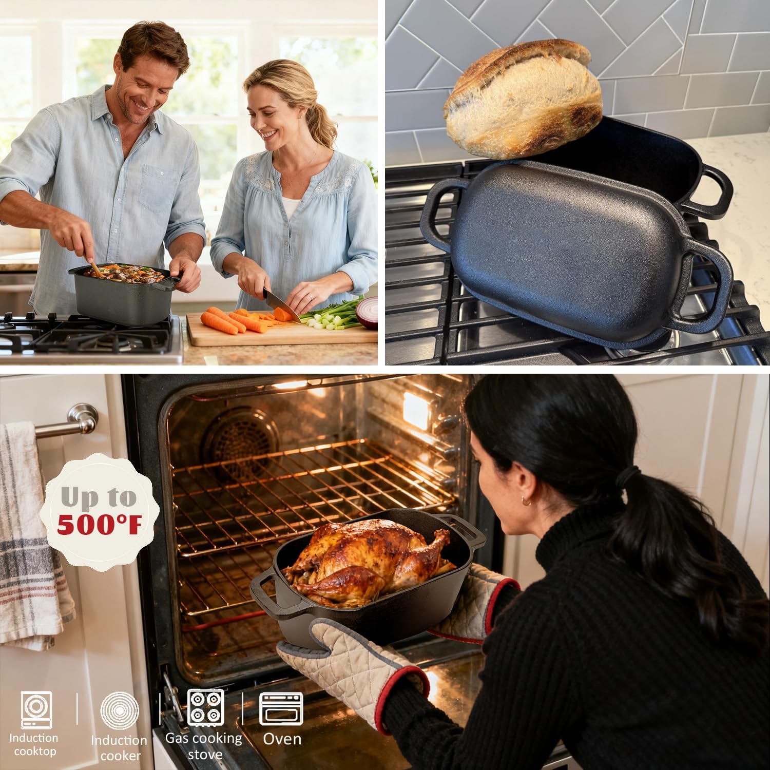 Dutch Oven for Bread Baking-Sourdough Bread Baking Supplies Starter Kit, 11" Oval Bread Proofing Basket 3.6QT Oval Cast Iron Pot Bread Pan with Lid