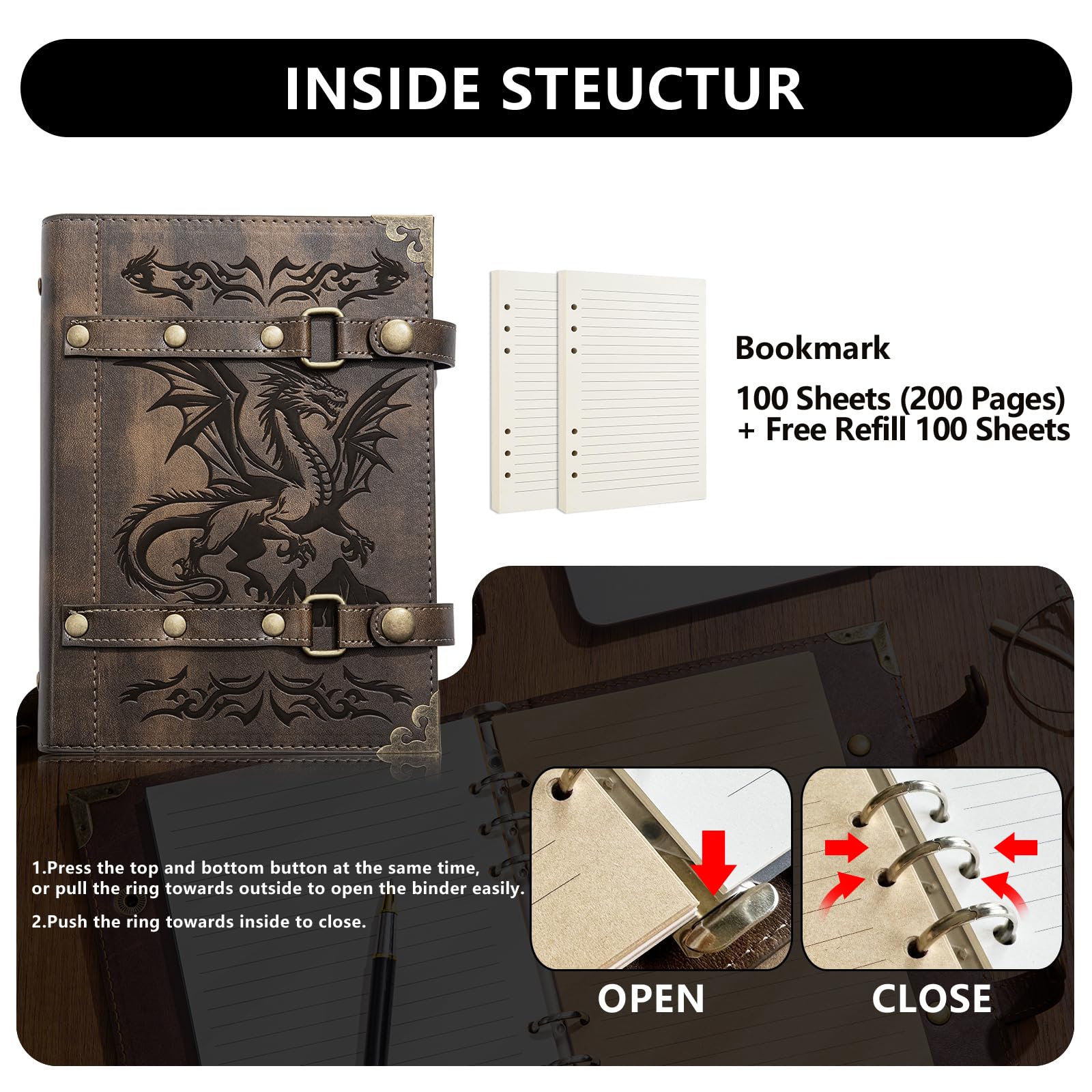 DUROTAN Dnd-notizbuch, Drachen-Tagebuch Für Dungeons and Dragons/dd-Zubehör, Geschenke, Nachfüllbar, Leder, 400 Seiten, A5, Personalisierter Notizblock Änner Und Frauen, 1-Khaki-Drache, M