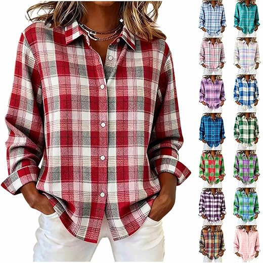 Colorful Plaid Shirts for Women Classic Lightweight Flannel Shacket