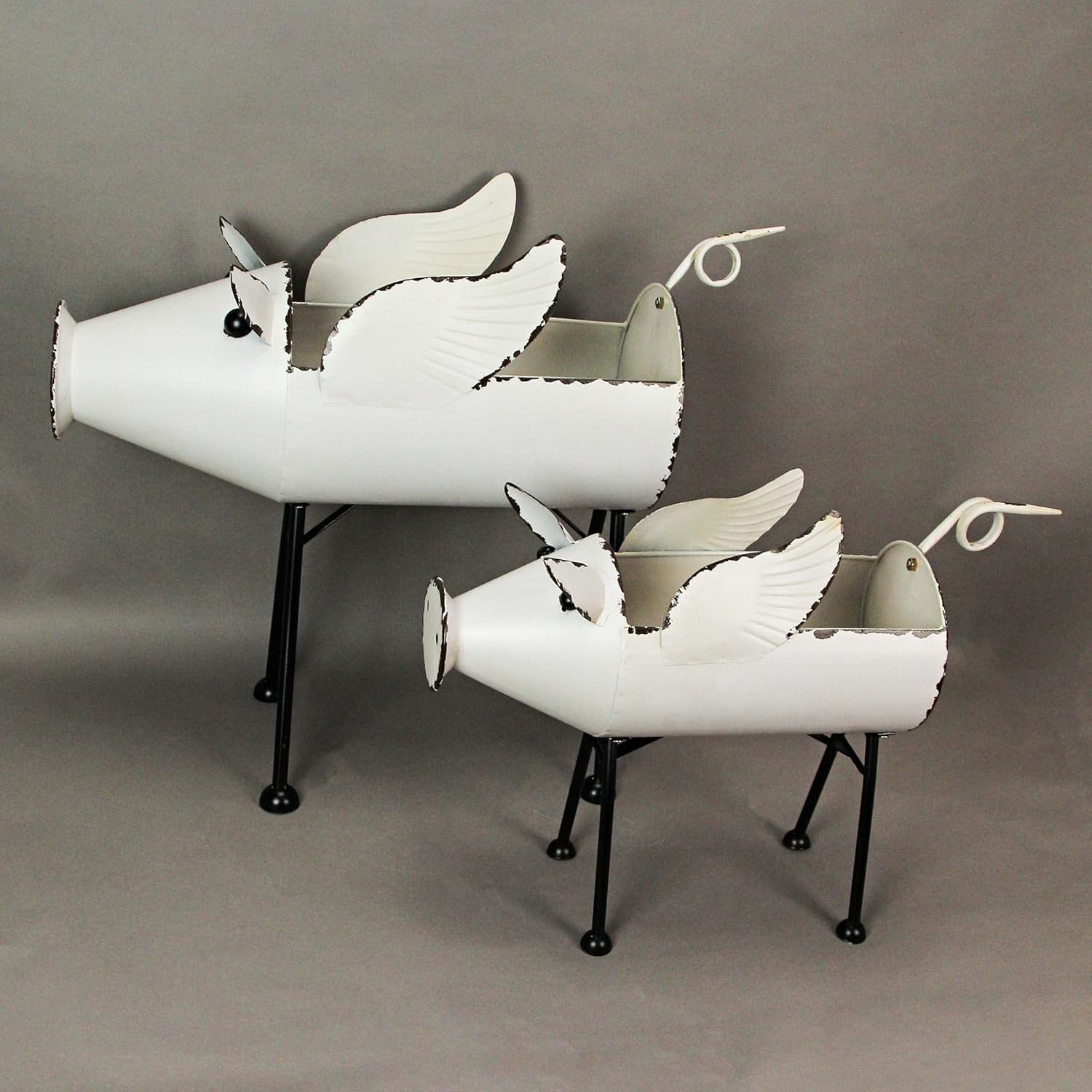 Zeckos Set of 2 Rustic White Finish Metal Flying Pig Standing Planters for Herbs and Flowers - Charming Indoor/Outdoor Décor - Whimsical Duo - 23.5 and 18.5 Inches Long