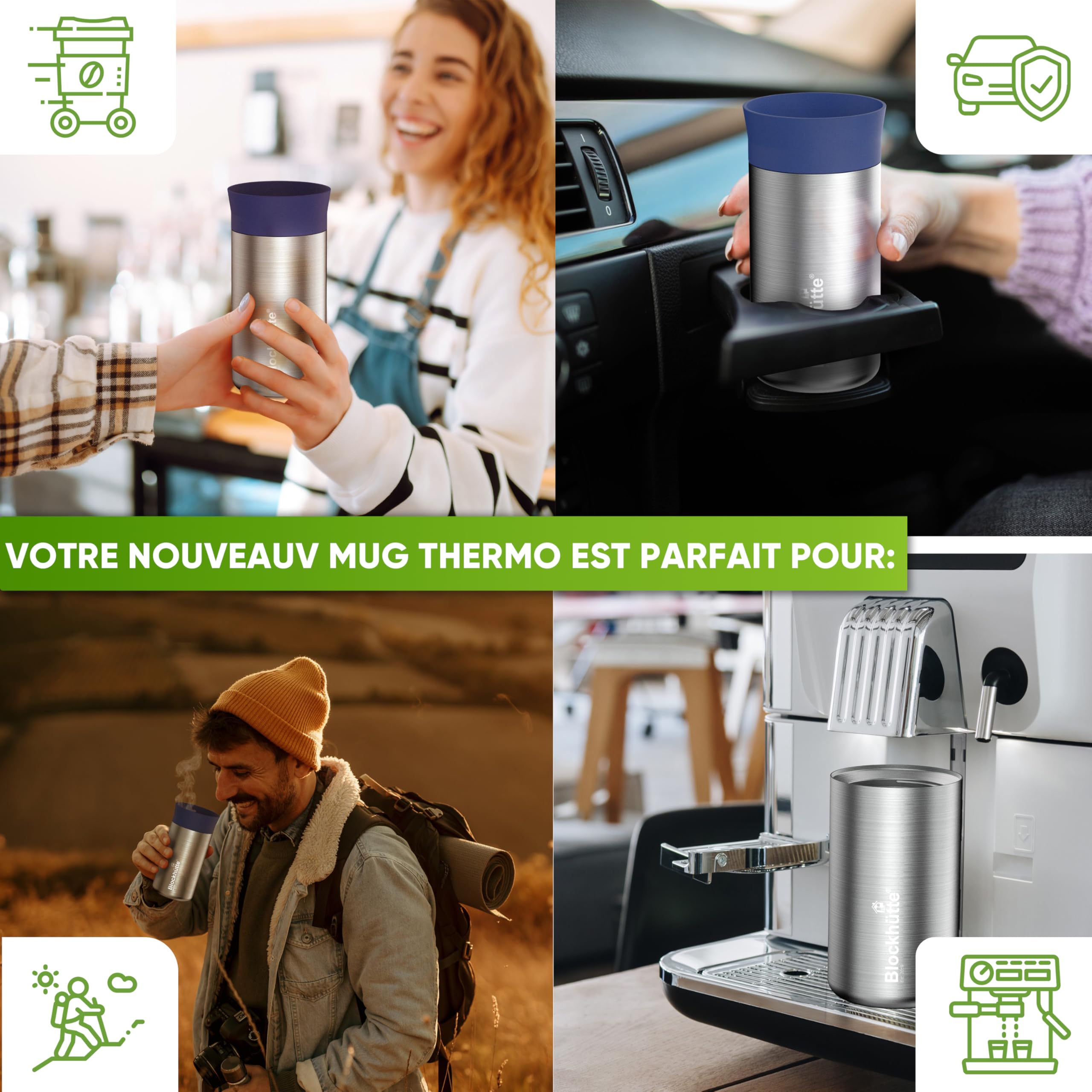 Blockhütte Travel Mug Isotherme Cafe en Acier Inoxydable – 354ml Tasse Isotherme, Mug Thermos gardant la chaleur jusqu'à 8 h - Gobelet Thermique Anti-Fuite, Tasse à Café à Emporter – Vert Clair