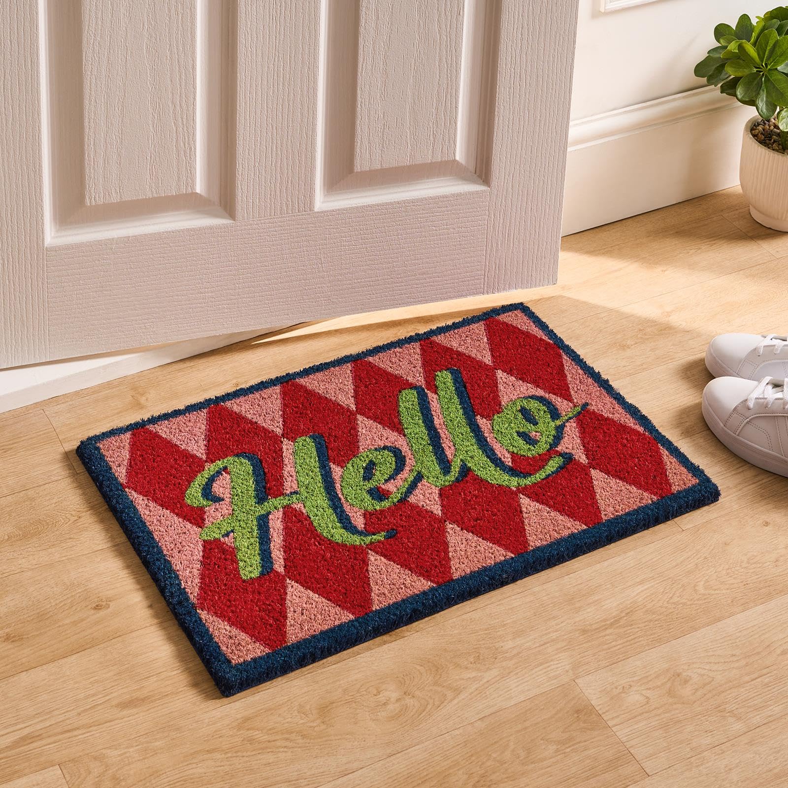 OHS Washable Door Mat Hello Print, Outdoor Indoor Door Mat Non-Slippery Stylish Dirt Trapper Doormats Inside Heavy Duty Welcome Mat Front Doors Entrance Rug Coir Doormat, Pink/Red - 40 x 60cm