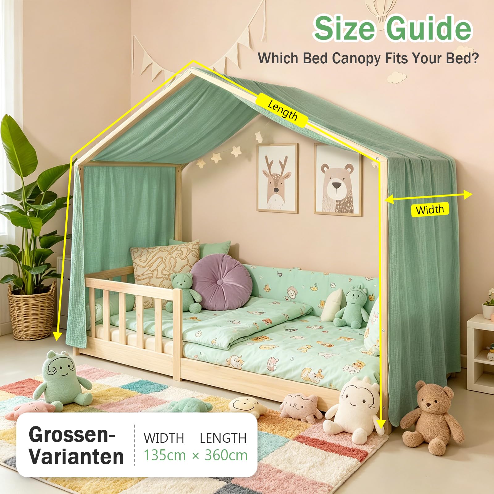 Baldachin aus 100% Baumwolle für Kinderzimmer Betthimmel für Hausbett & Kinderbett Himmelbett Vorhänge als Deko für Mädchen & Jungen platzsparend für kleine Räume (Grün, H360 x B135 cm(1er Pack))