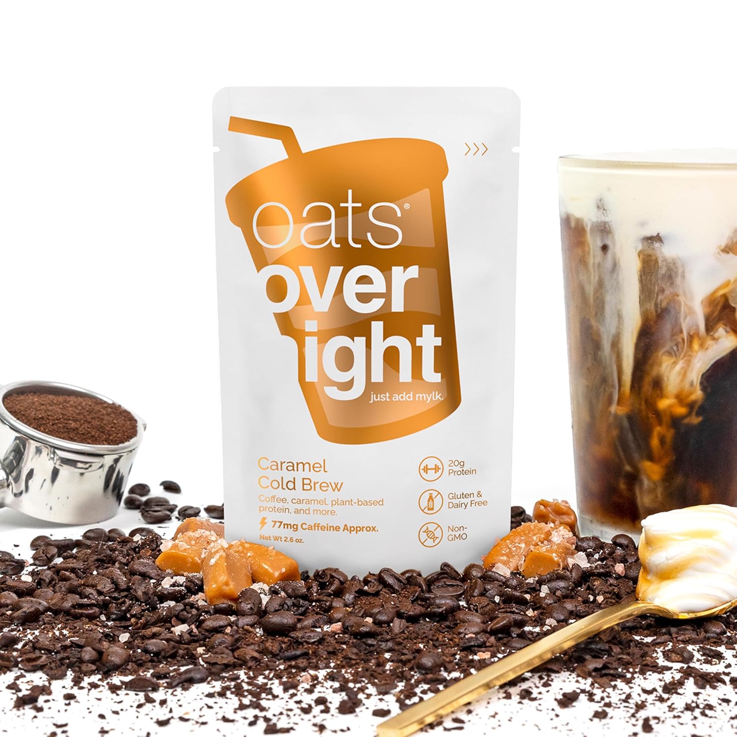 Oats Overnight - Caramel Cold Brew - Vegan, 20g Protein, High Fiber Breakfast Shake 65mg Caffeine - Gluten Free, Non GMO Oatmeal (2.6 oz per meal) (8 Pack + Shaker Bottle)