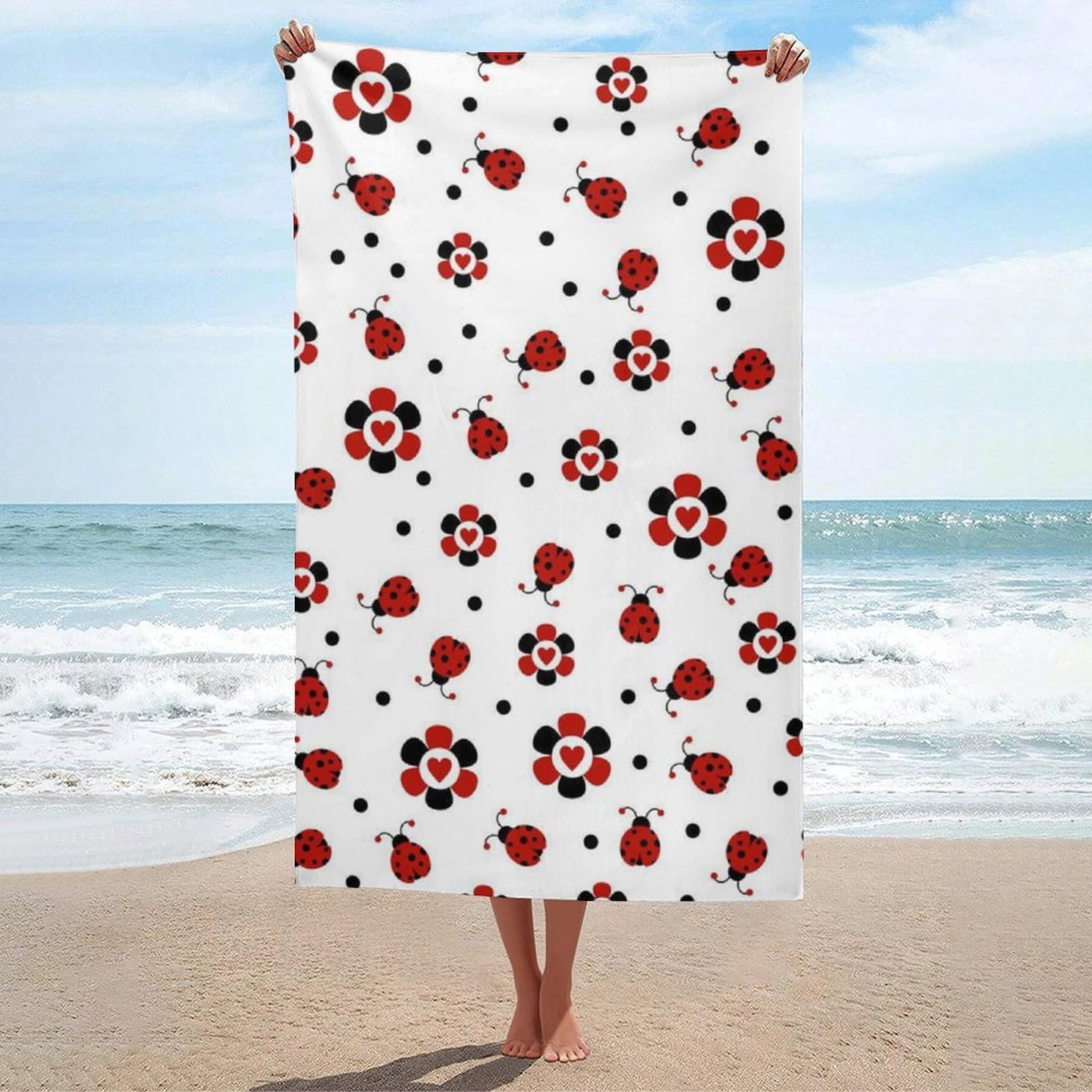 LEDFCVSU Beach Towel, Funny Ladybug Bath Towel, Absorbent Towel for Swimming, Sports, Travel