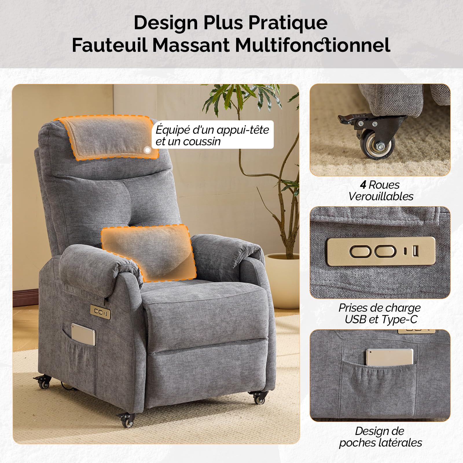 Bonnlo Fauteuil Massant, Fauteuil de Relaxation avec 6 Points de Massage et Chauffage, Dossier et Repose-Pieds Réglable Automatiquement, Équipé d'un Appui-tête et Un Coussin, Gris Foncé, Tissu