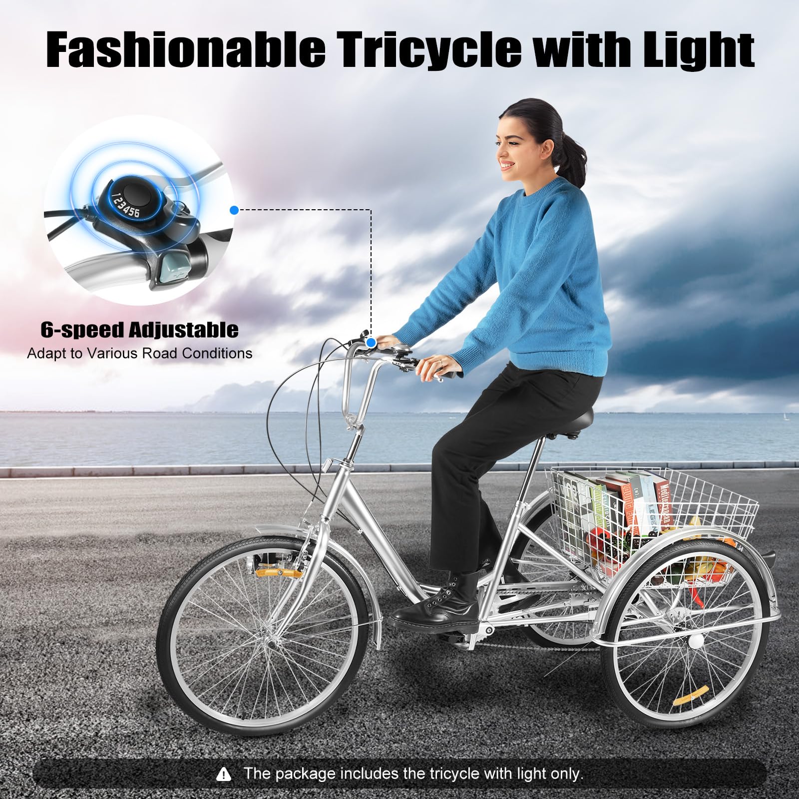 Triciclo per adulti, 24 pollici, 3 ruote per adulti, Shimano 6 marce Cruise Trike Cargo Bike con cestino, bicicletta per sport all'aria aperta e shopping