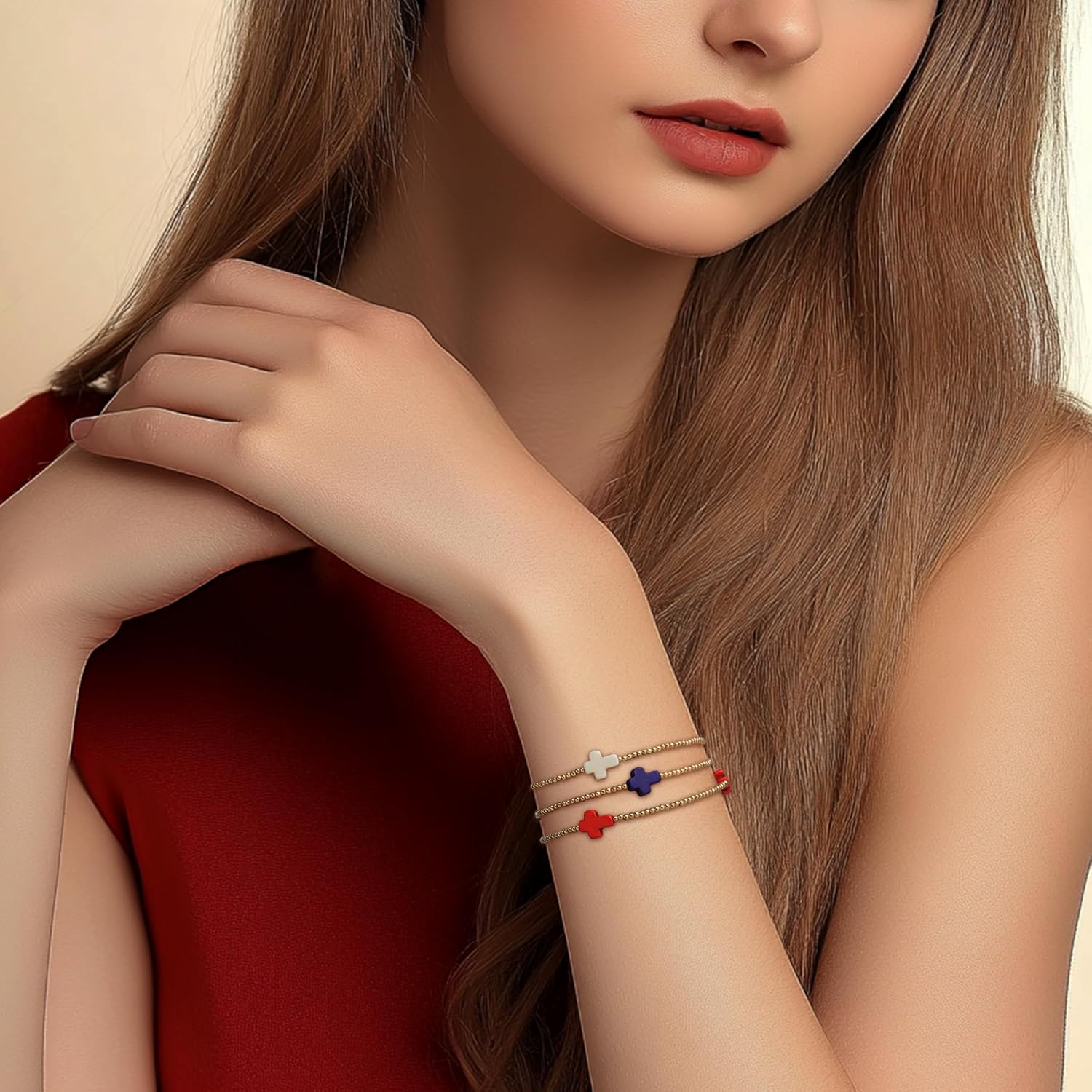 Gold Beaded Cross Stack Bracelets Set for Women, 8Pcs Boho Handmade Stackable Colorful Rainbow Statement Stretch Bracelet Prom Holiday Jewelry Gift. - Image 2