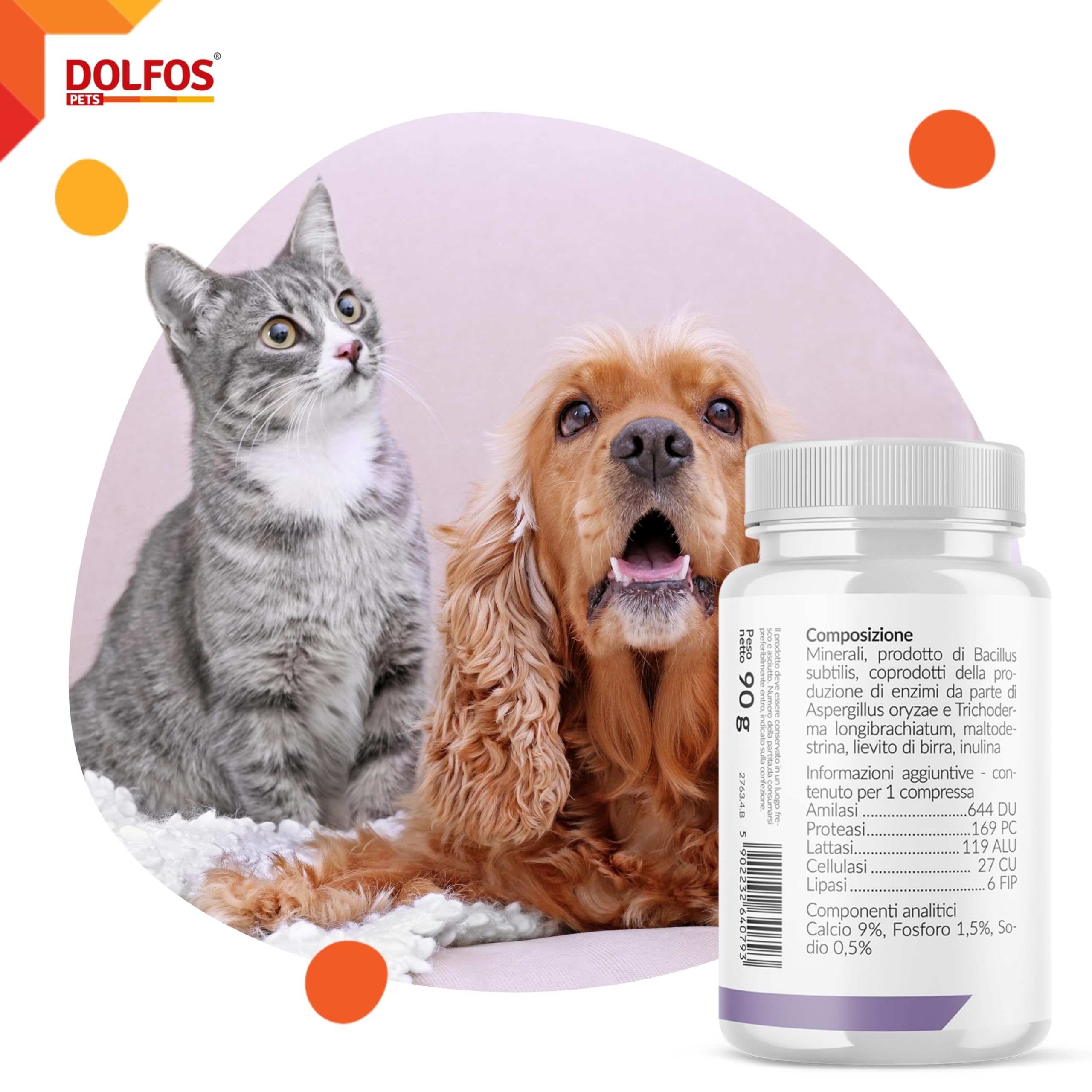 Pets Dolfos AmylaDol 90 Compresse Enzimi digestivi Naturali: Amilasi, Lipasi e Proteasi. Alimento complementare dietetico in Caso di disturbi digestivi dei Cani e dei Gatti