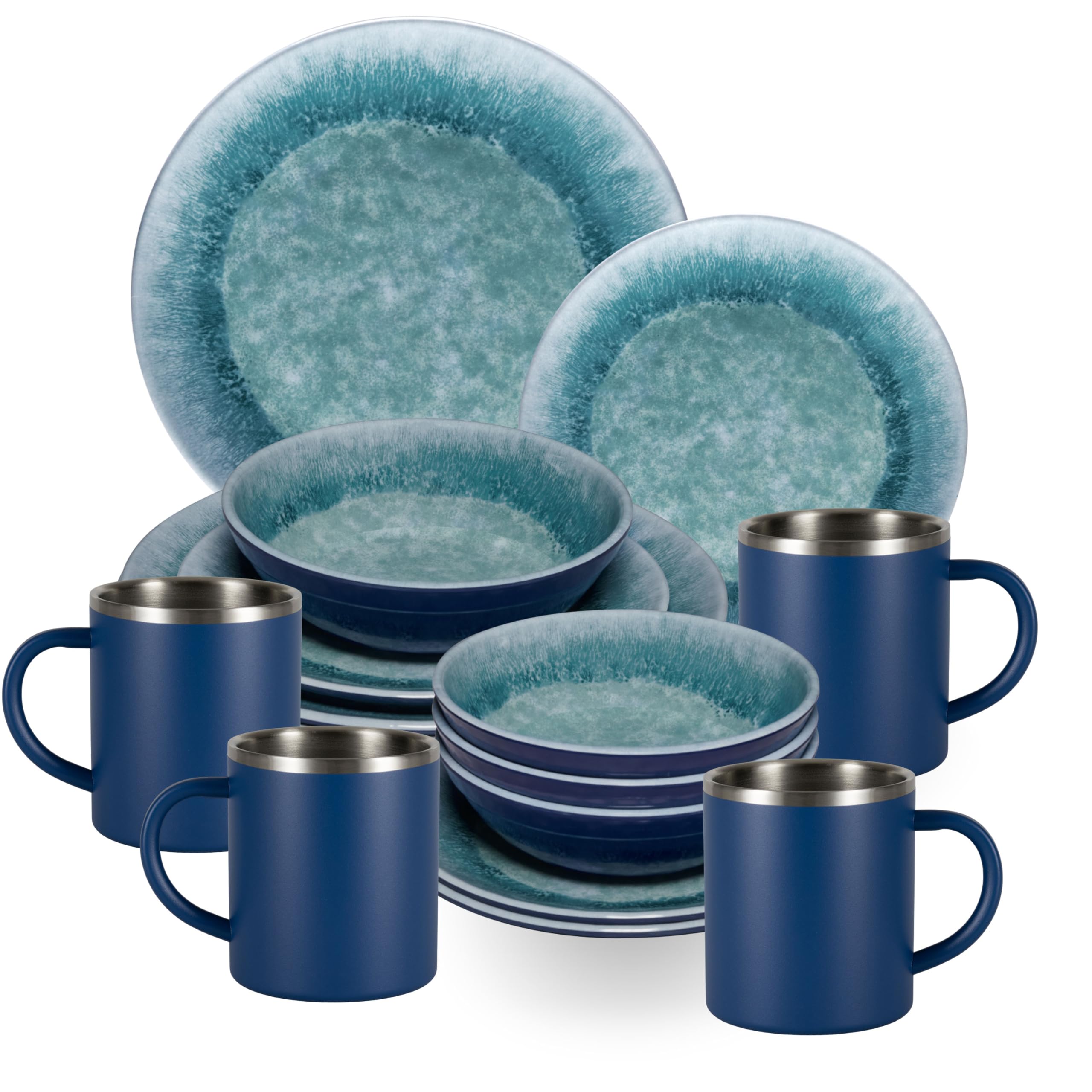 Melamin Geschirr Set Adria Blue Blau mit Edelstahl Thermo Tassen Camping
