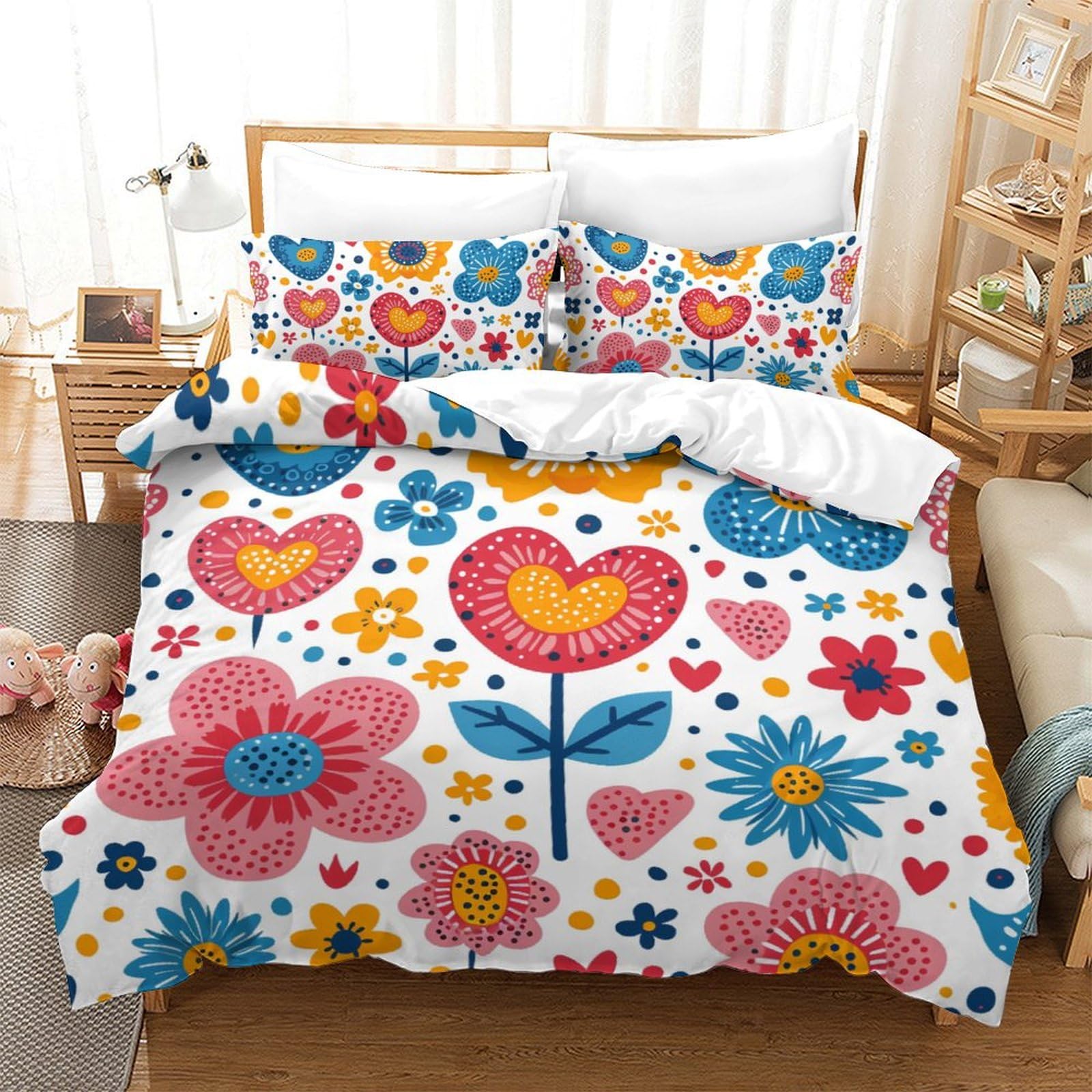 Housse de couette fleurs 200x200cm avec 2 taies d'oreiller pour lit double