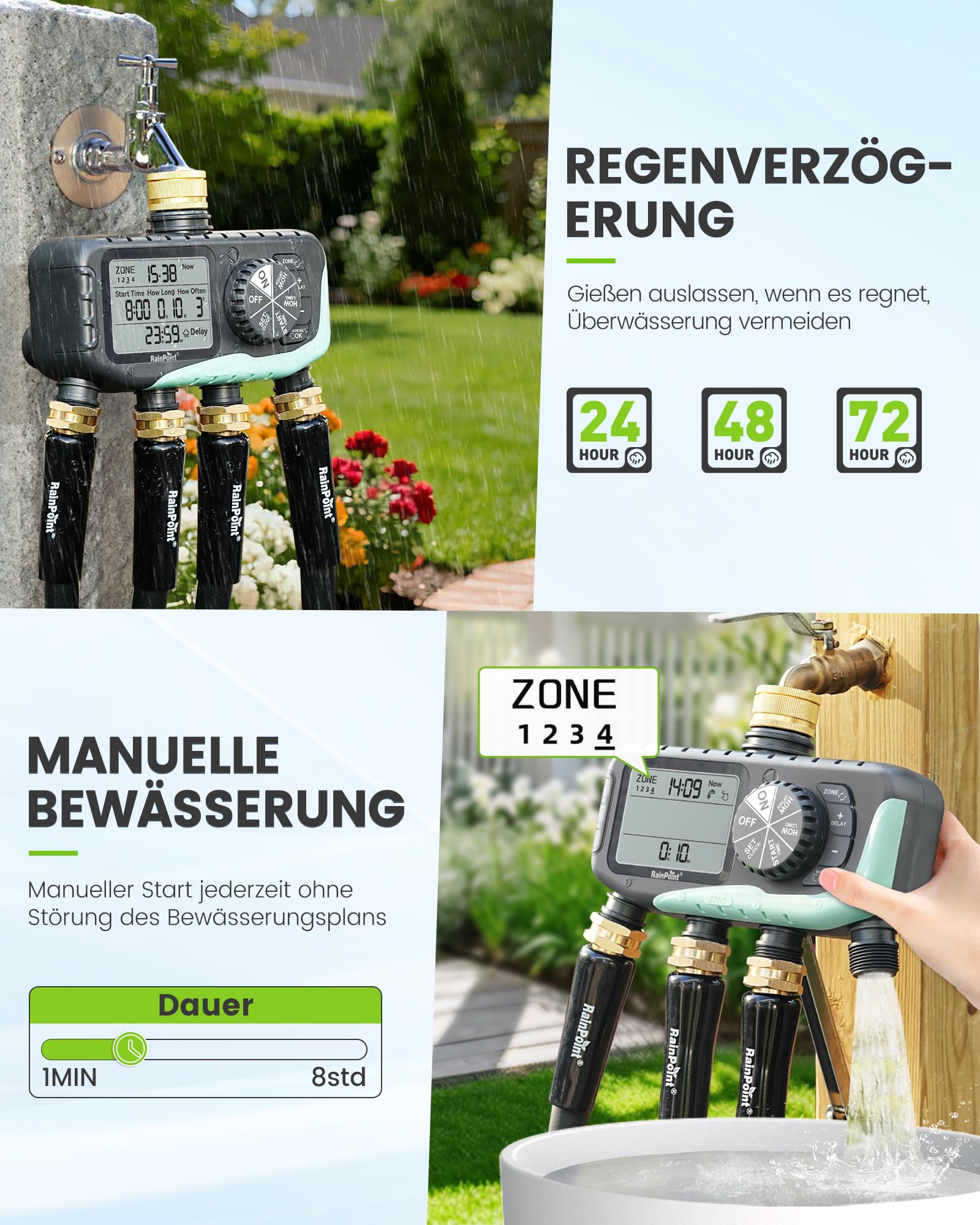 RAINPOINT Bewässerungscomputer 4 Ausgänge, Messingeinlass, IP65 Wasserdicht Wasserzeitschaltuhr mit Regenverzögerung/Manueller Bewässerung, Automatische Bewässerung für Rasen und Garten