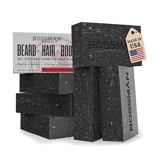 Bossman - Paquete de 6 jabones en barra para hombre 4 en 1  Jabón orgánico natural para barba, champú, gel de baño, afeitado y jabón de baño