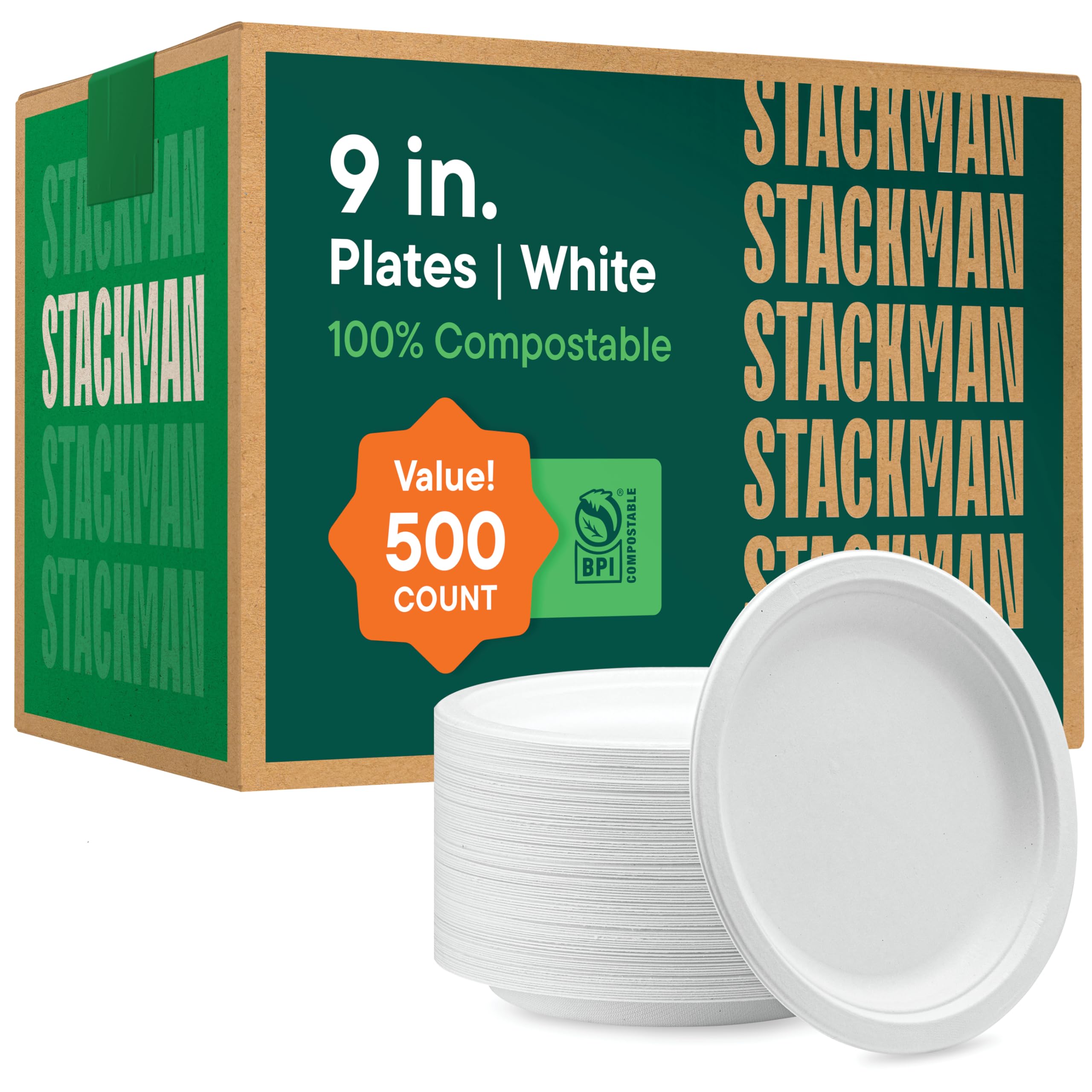 100% Compostable Paper Plates 9 Inch [500 Count] Heavy-Duty Dinner Plates - White Bagasse - Eco-Friendly Disposable Biodegradable Sugarcane Plates - [Bulk Case 4 x 125 Pack] - (BPI Certified)