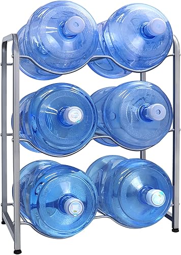 Iococee Soporte para botella de agua de 5 galones, soporte para jarra de agua de 3 niveles, estante para jarra de agua para 6 botellas, estante de
