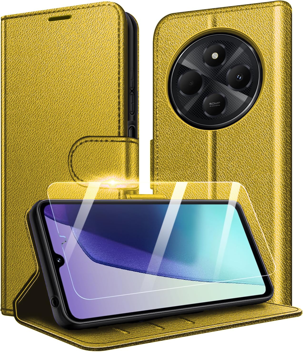 Custodia Portafoglio Per Xiaomi Redmi 14C 4G: Pelle Con Slot, Supporto E Vetro Temperato Incluso