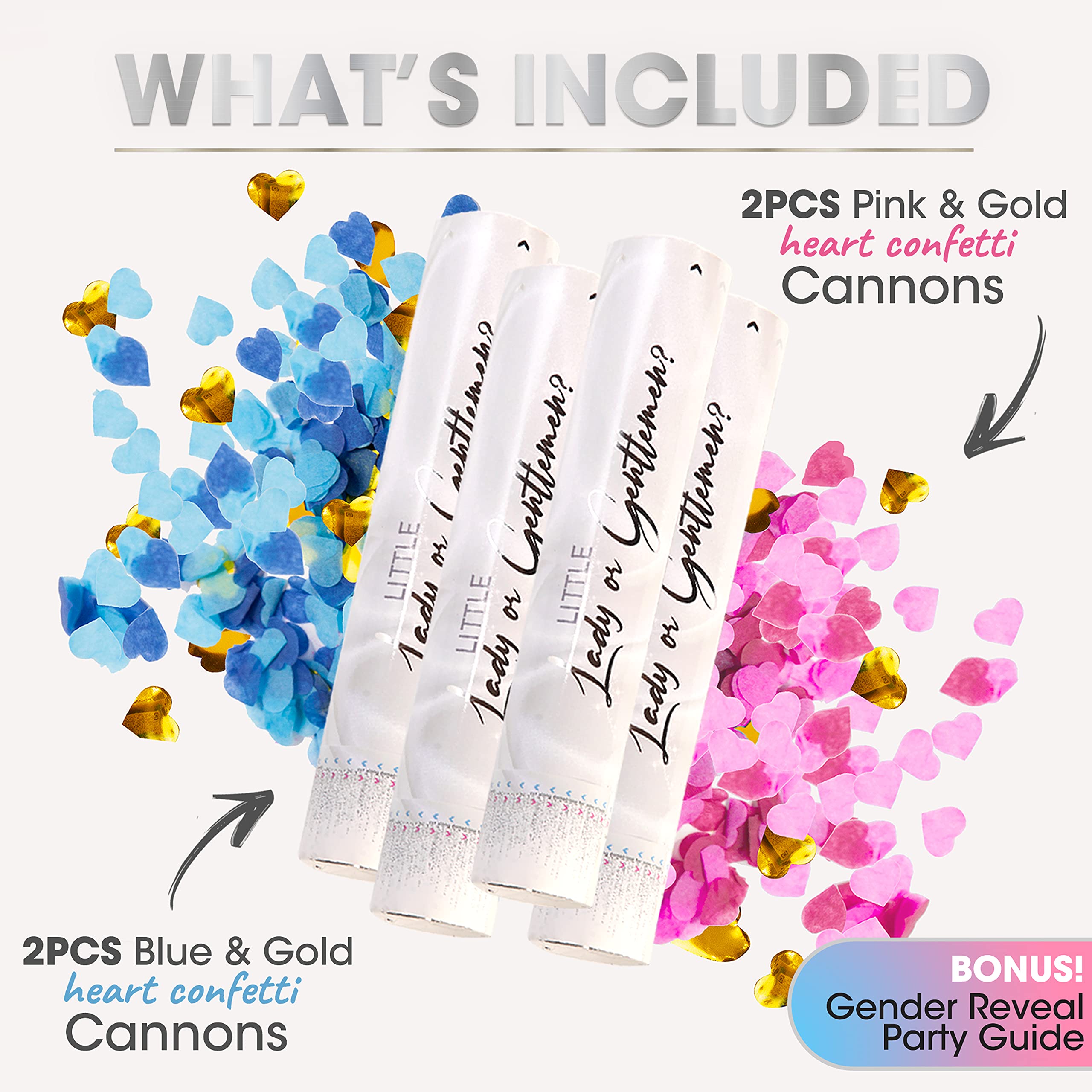 Premium Gender Reveal Confetti Cannon Set of 4 Heart Shaped