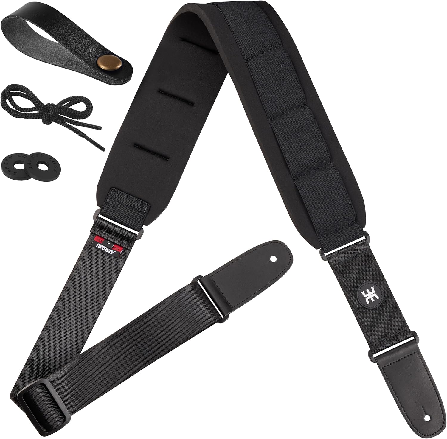 Amumu Guitar Strap SBR Foam Padded Extra Long Black for Acoustic, Electric and Bass Guitars with Strap Blocks & Headstock Strap Tie - 3.3" Wide