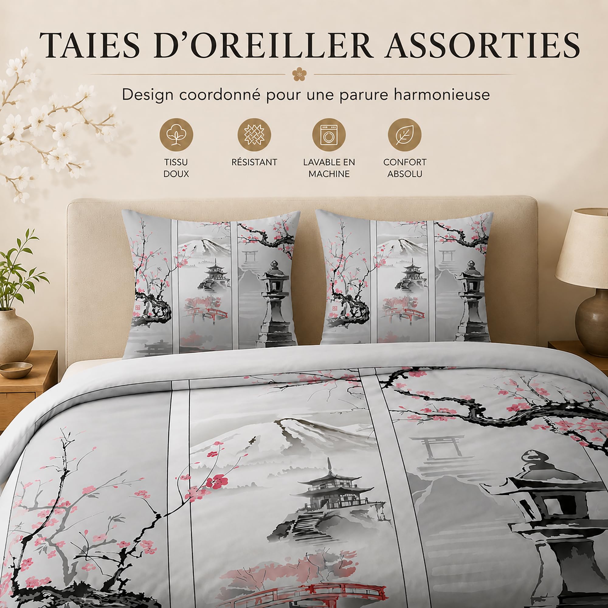 Parure de Lit 240 x 260 Japonais Housse de Couette 2 Personnes Réversible, Housse Couette Imprimée Fleur de Cerisier en Microfibre et 2 Taie d'oreiller 65x65 cm avec Fermeture Éclair
