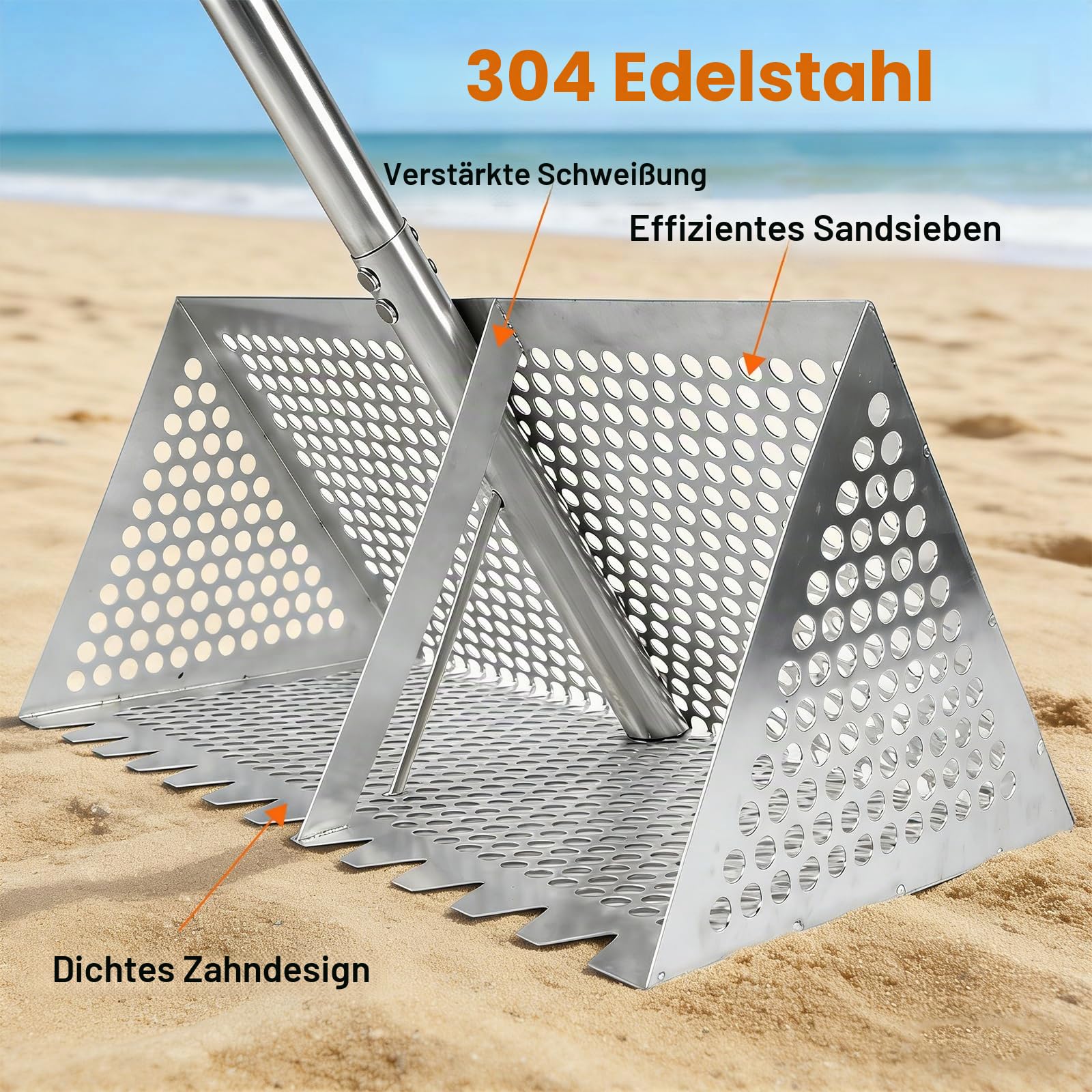 Edelstahl Strand Sandsieb, Strand Sandschaufel mit Muschelkorb, 133cm Einstellbar Sandschaufel Dreiteiliger Griff- 20×40 cm Korb, Sandschaufel Grabwerkzeuge (silber)