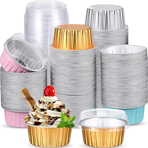 Miniatura 1 de Thenshop 200 piezas de 5 onzas de aluminio para hornear, moldes desechables para tartas con tapa, papel de aluminio para bodas, despedidas de
