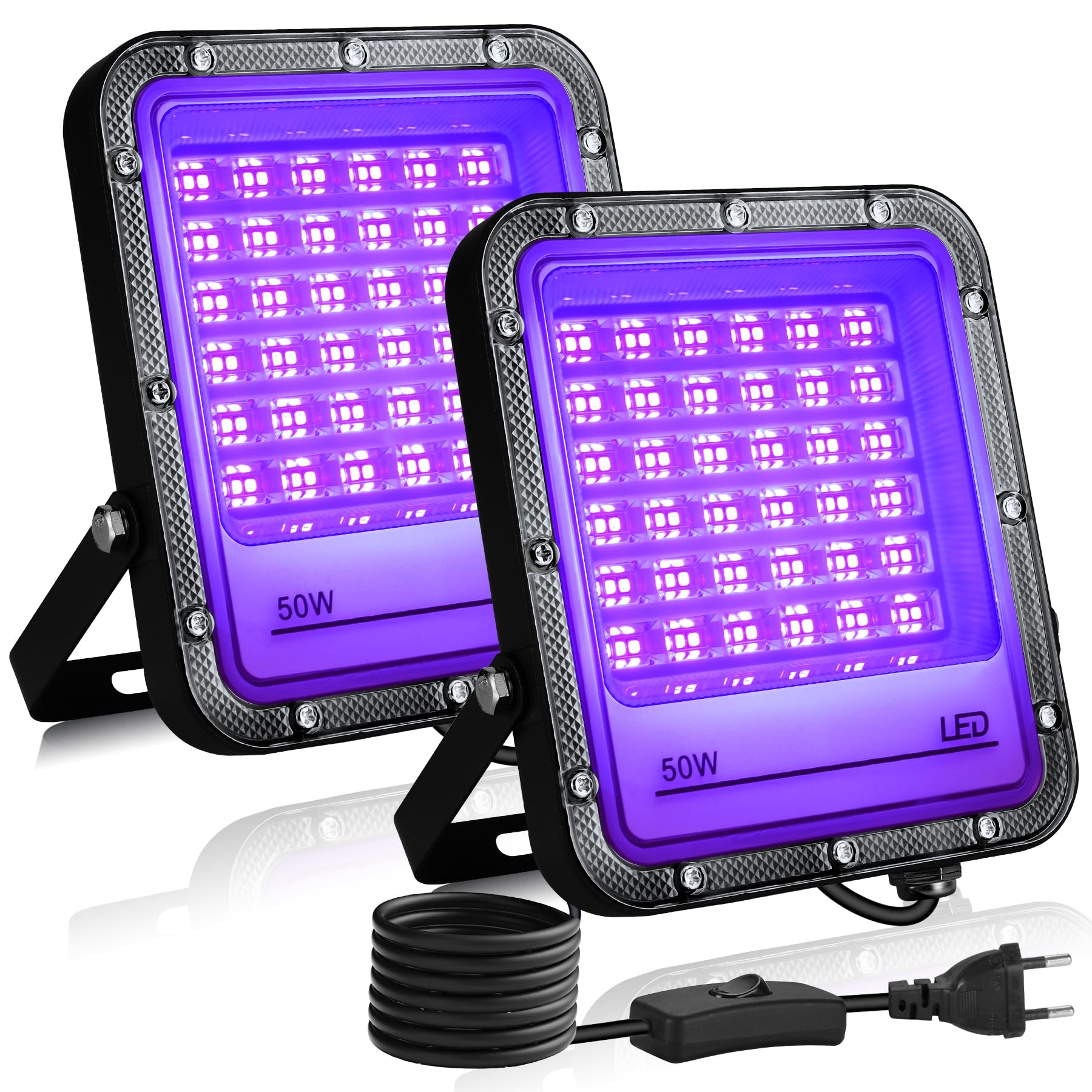 VAYALT 2 Pezzi 50W Luce Nera UV, IP65 Impermeabile Luce UV, 395nm Potente Faro UV, Faretto UV LED per Festa Glow, Bar, Acquario, Natale, Decorazione di Halloween, Pittura, Effetti Fluorescenti
