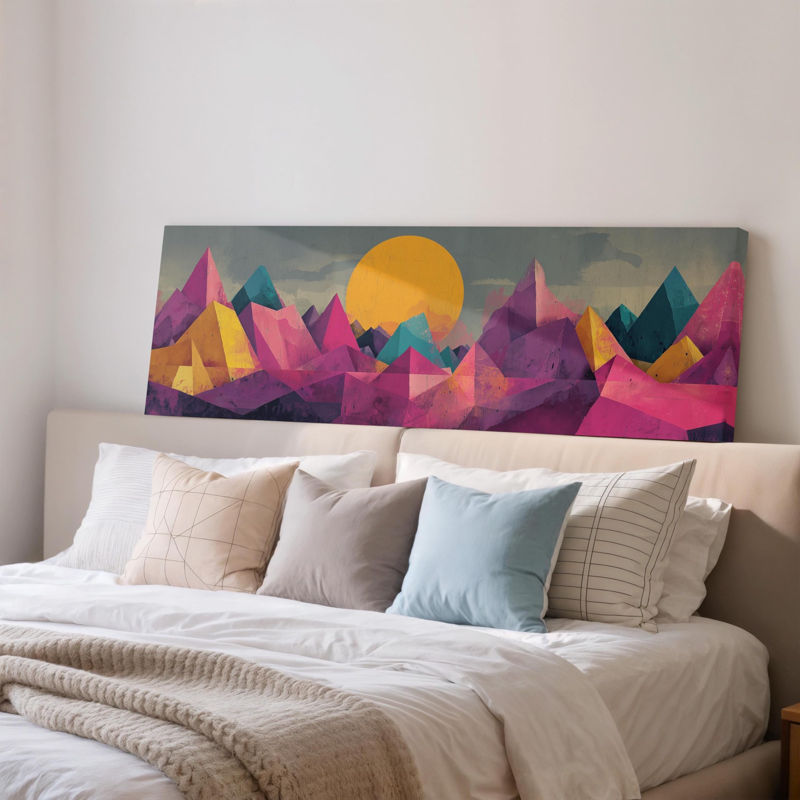 XBTYKPB Stylized Mountain Landscape Canvas,Wide Panoramic Wall Art, Geometric Peak Sunset, Pink and Blue Decor,Teen Room Painting(70x210cm/Inner Frame)