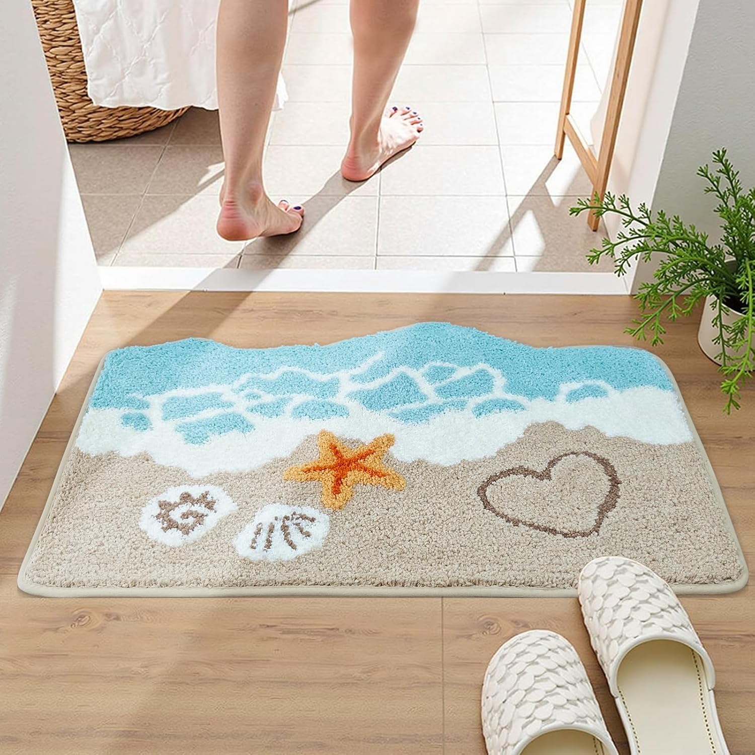 Beach Bathroom Rugs Soft Absorbent Ocean Wave Bath Mat with Non-Slip Backing Coastal Decor for Bathroom Kitchen Entryway, Blue Sea Design with Starfish Shells Pattern Bath Decor (C, 20" x 32")