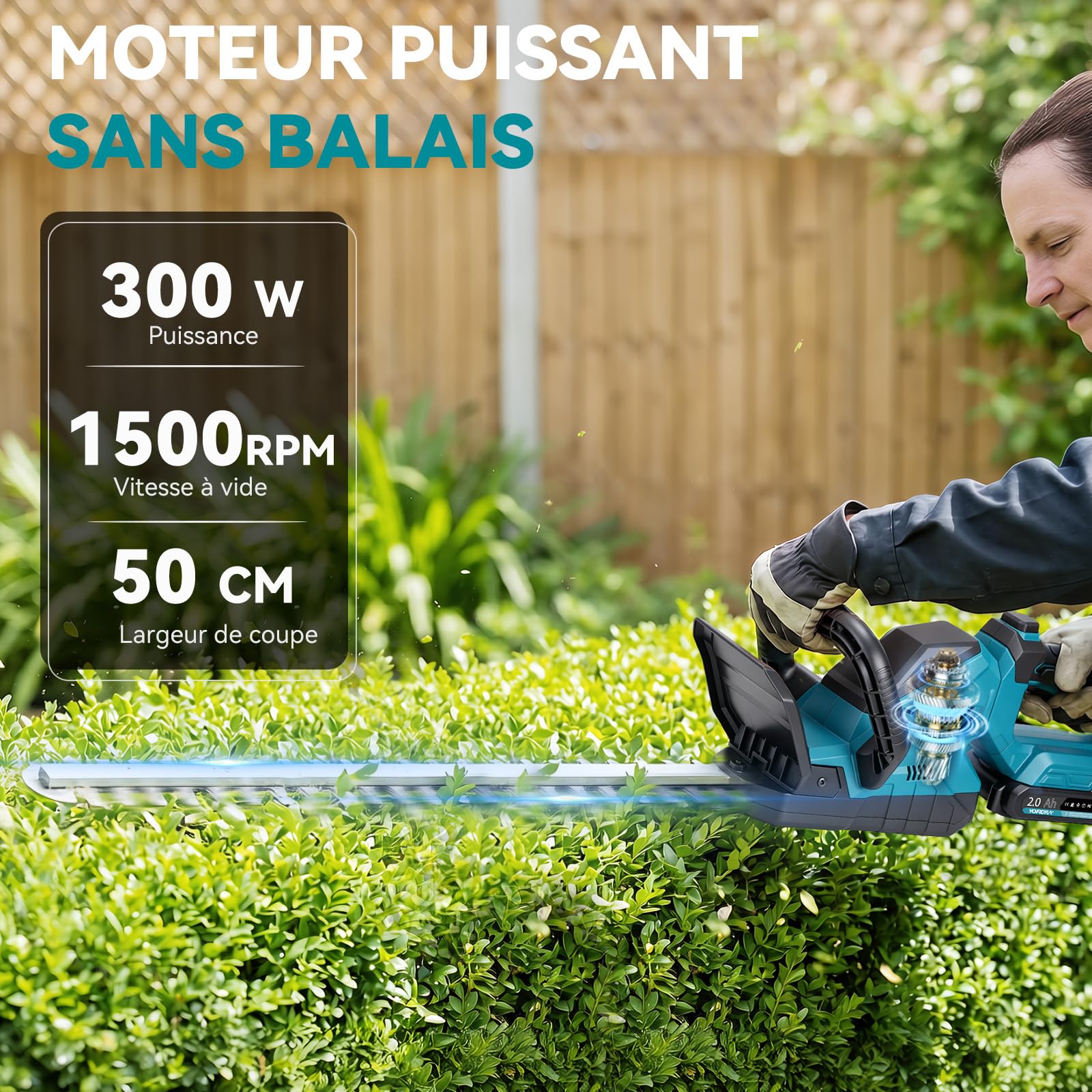 Yofidra Taille Haie Batterie 50cm, Lames Doubles, Batterie 2x2.0Ah, Écartement des Dents 18mm, Poignée Rotative 180°, Taille-Haie Électrique sans Fil avec Chargeur et Housse de Protection
