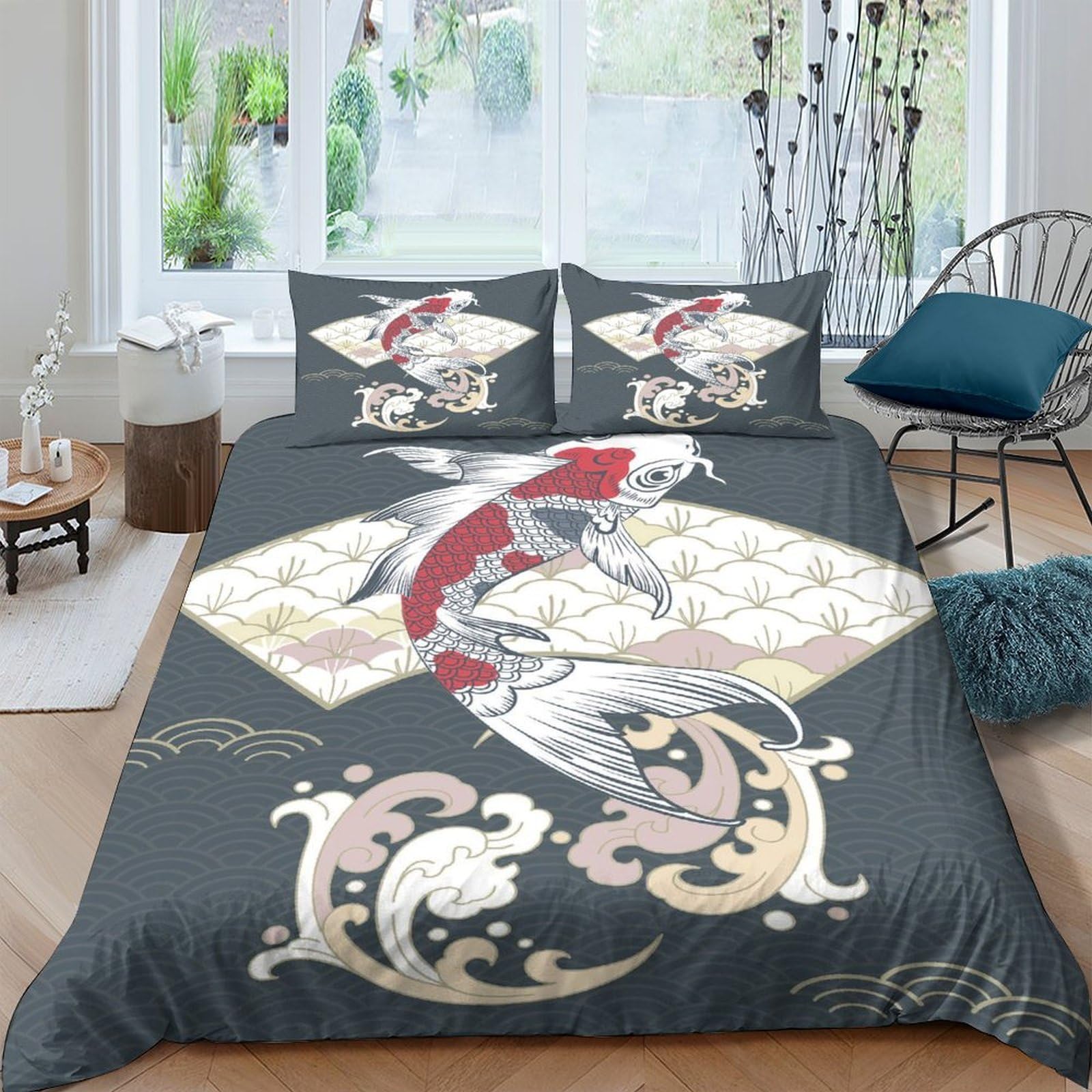 Ctjqhvkz Style-10 3D Printed Koi Fish Wave Fitted Sheet Microfiber Soft Breathable Japanese Art Mattress Cover For Bedroom Dorm Decor Single（135X200cm）