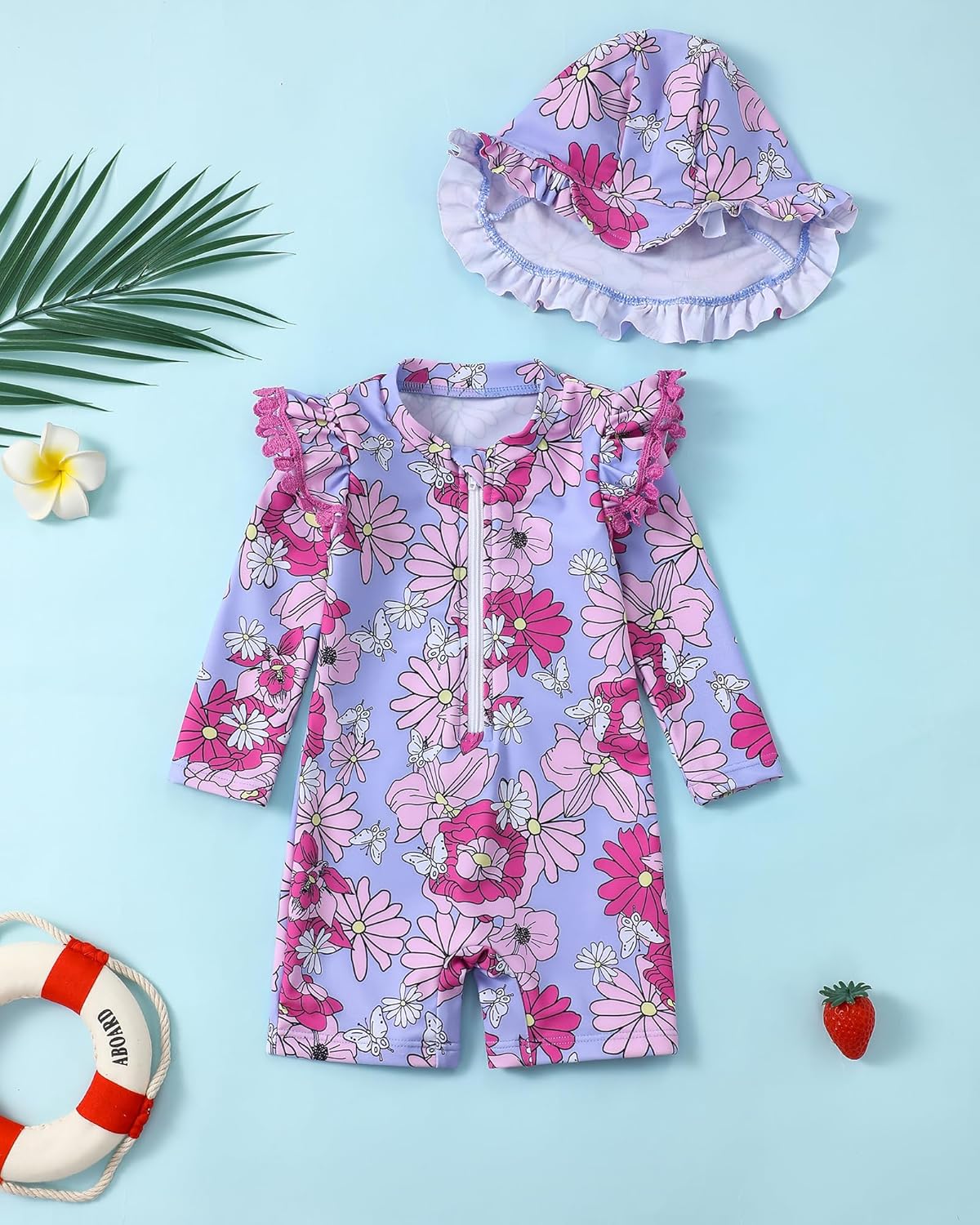 Toddler Girl Swimsuit Baby Girl Bathing Suit Long Sleeve Floral Zipper One-Piece Rash Guard Swimsuit with Hat - Image 2