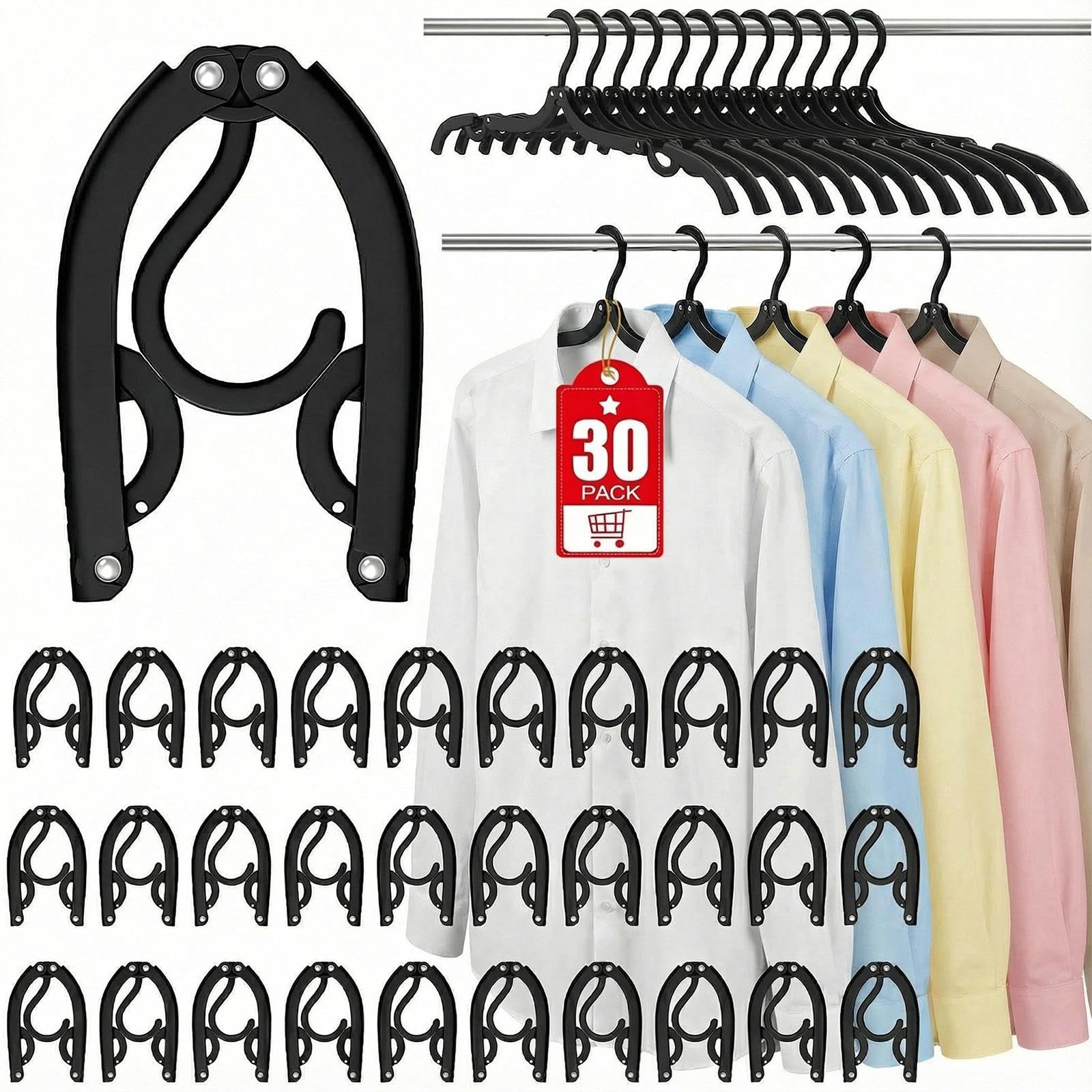 30 Pack Travel Hangers, Portable Plastic Folding Hangers, Space Saving Clothes Drying Rack Organizer for Camping, Cruise, RV, Suitcase Vacation Essentials, Black