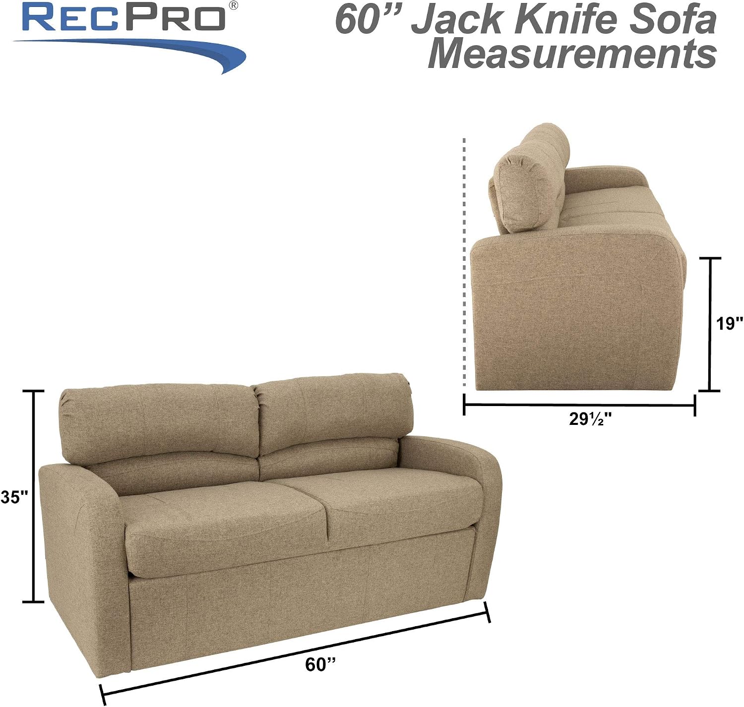 RecPro 60" RV Jack Knife Sofa w/Arms | RV Sleeper Sofa | RV Couch | RV Living Room (Slideout) Furniture | Camper Furniture | Cloth (Oatmeal)