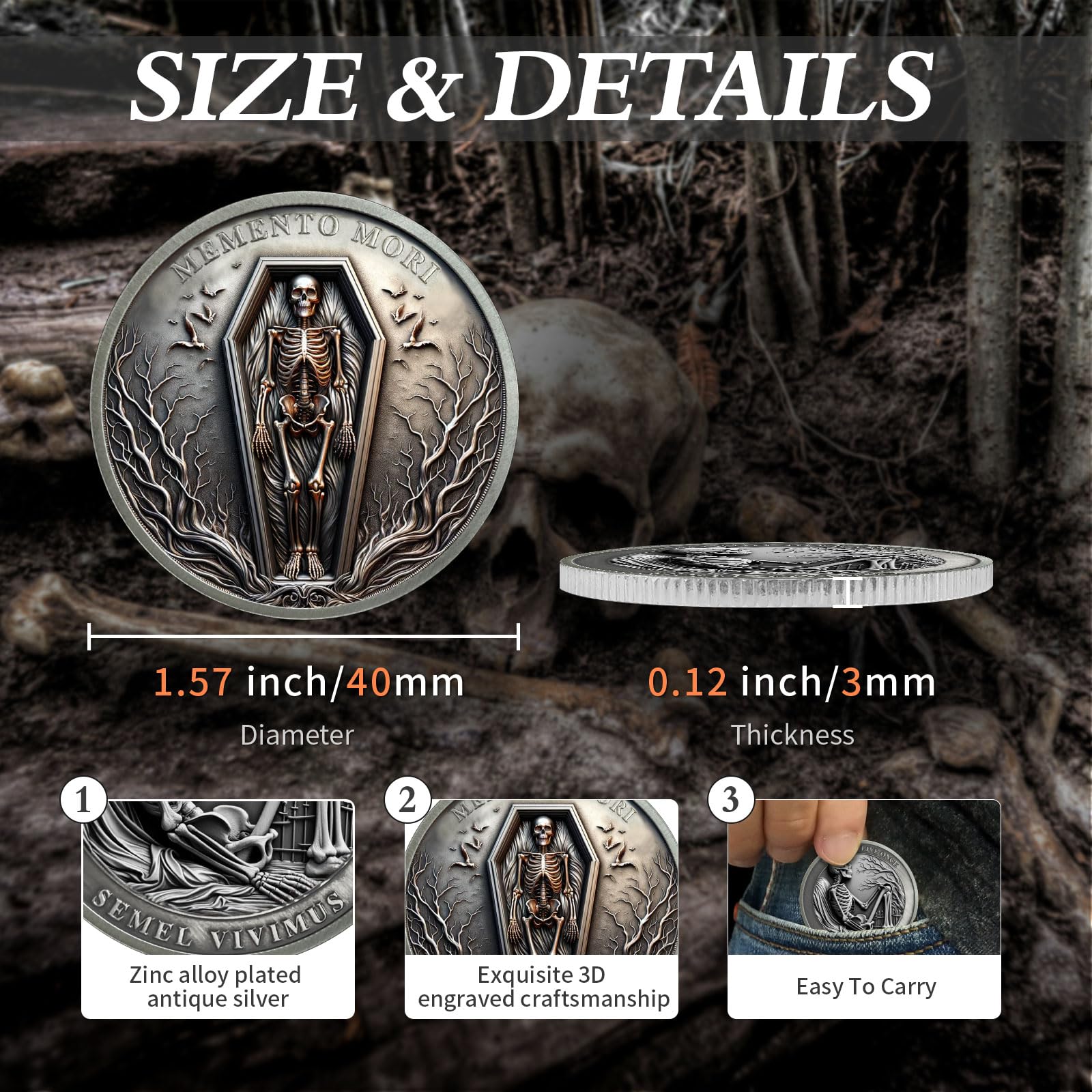 AtSKnSK Memento Mori Moneda Man vive solo una vez Calavera Moneda Desafío Moneda Regalo Genial con Tema Estoico Medallón Chip Regalo Estoico Regalo para Mujeres Hombres