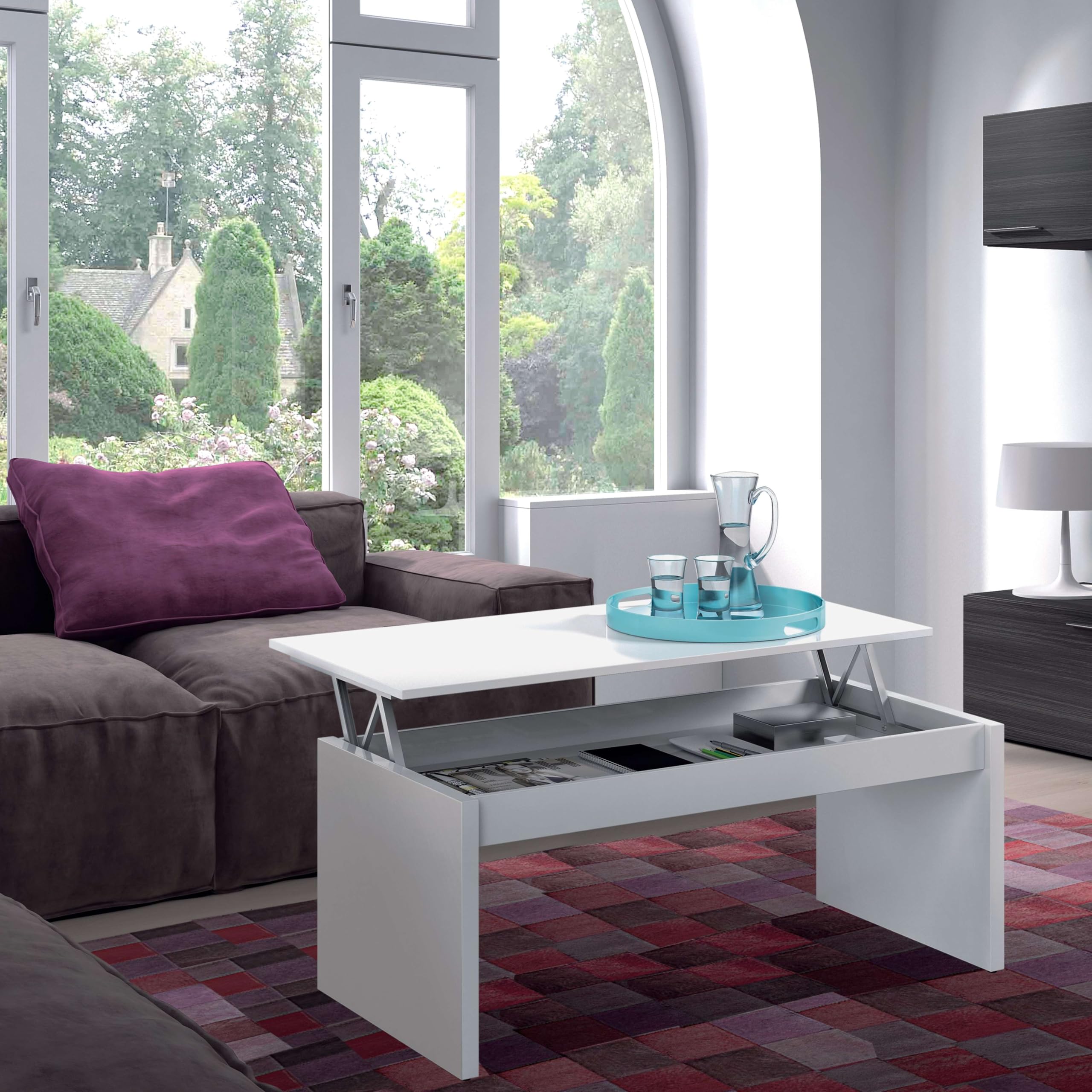 Habitdesign – Mesa de Centro Elevable, Mesa Auxiliar para Salón Comedor, Color Blanco Brillo, 102x43-54x50 cm - Modelo Zenit