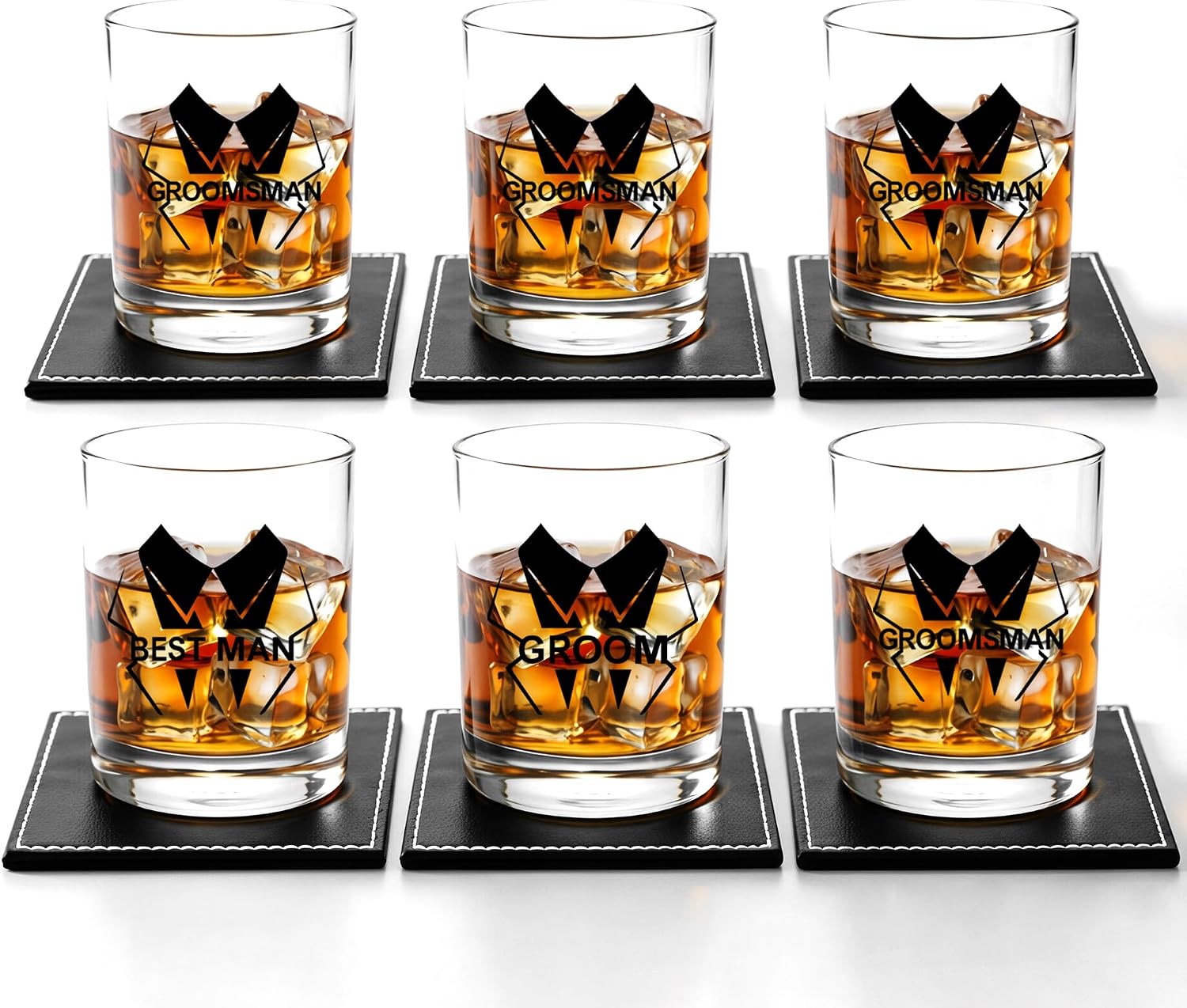 Set of 6 Engraved Whiskey Glasses for Groomsmen Gifts – 1 Groom + 5 Groom's Crew Rocks Glasses with Leather Coasters & Gift Boxes for Wedding, Bachelor Party Favors